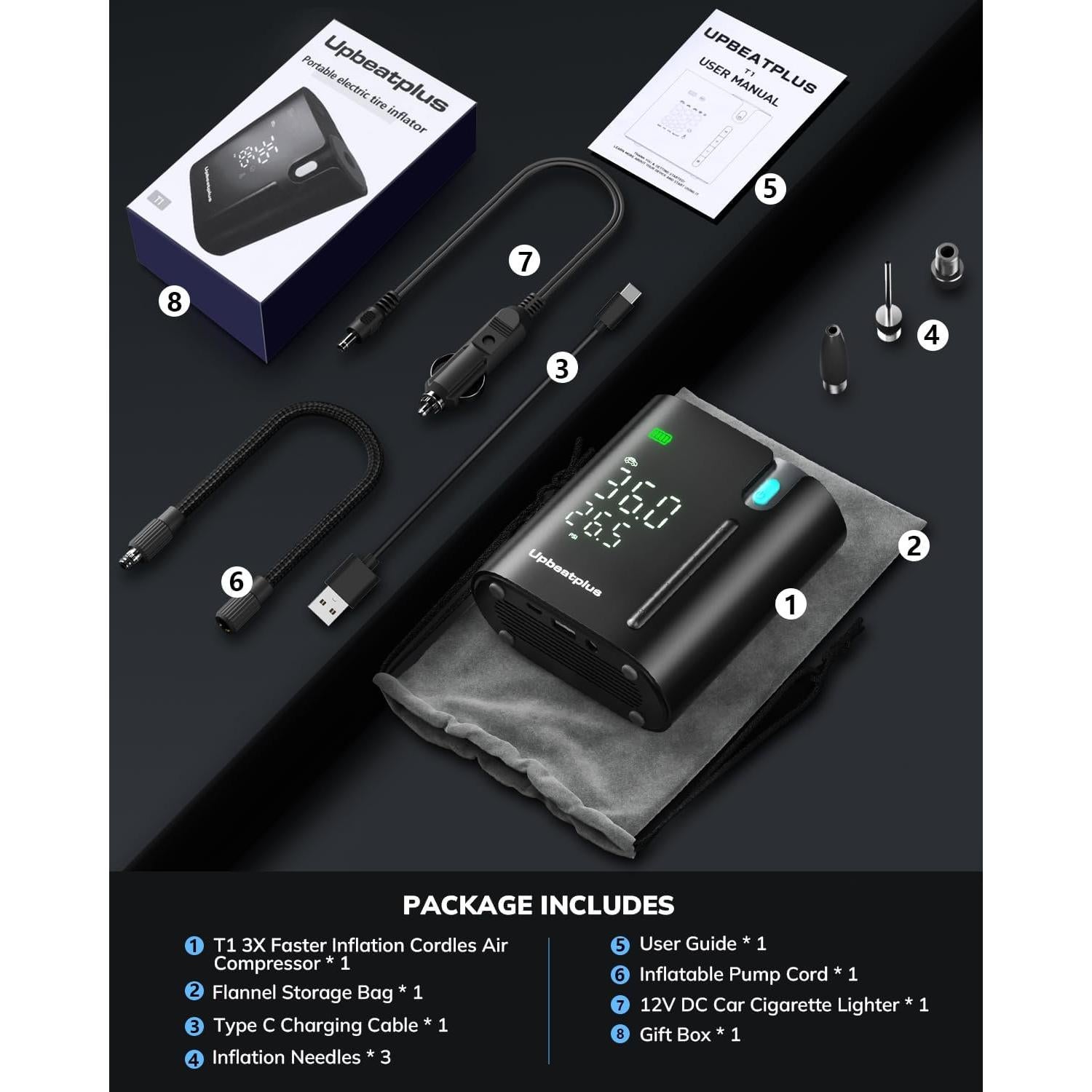 Inflador de Neumáticos Portátil UpBeatPlus T1 160 PSI Inalámbrico