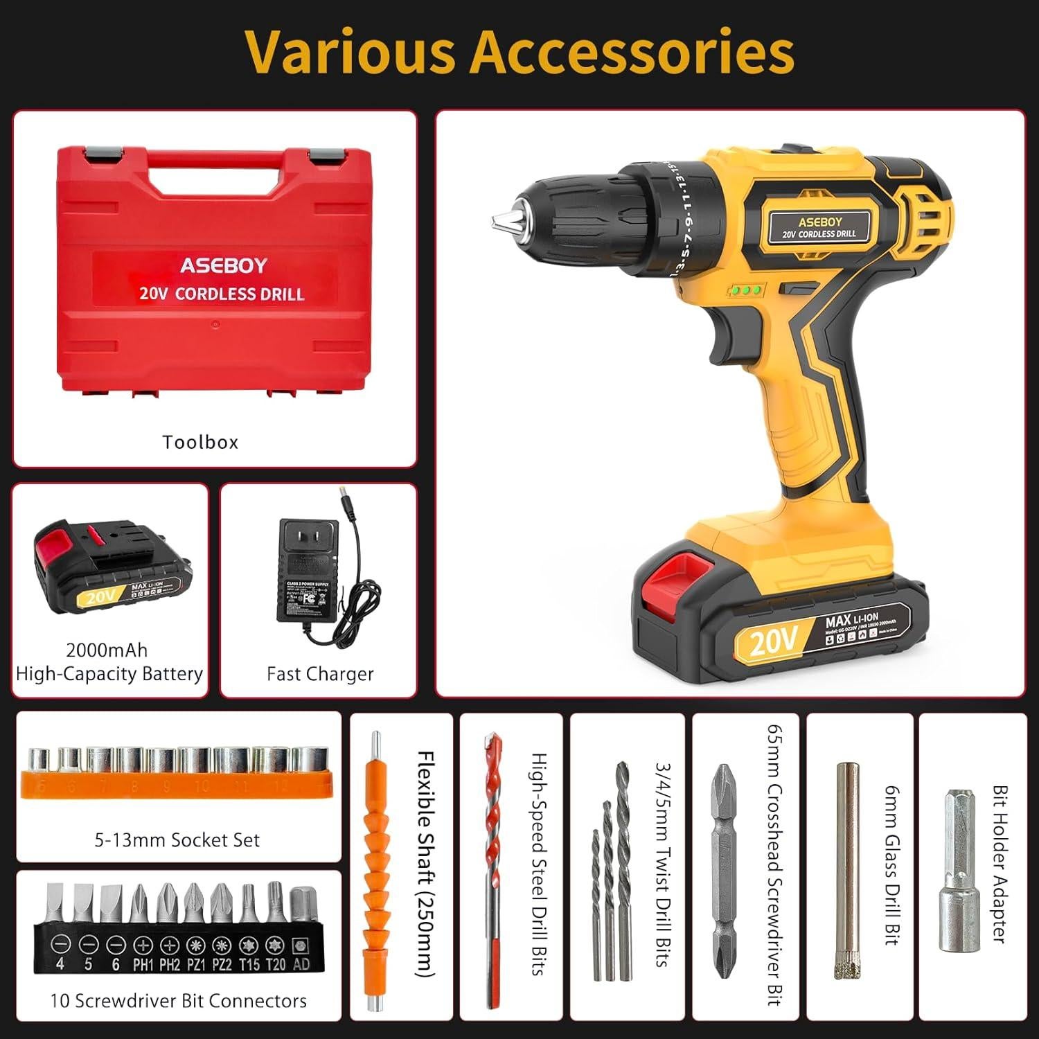 Taladro Inalámbrico Aseboy 20V con 1 Batería y Cargador