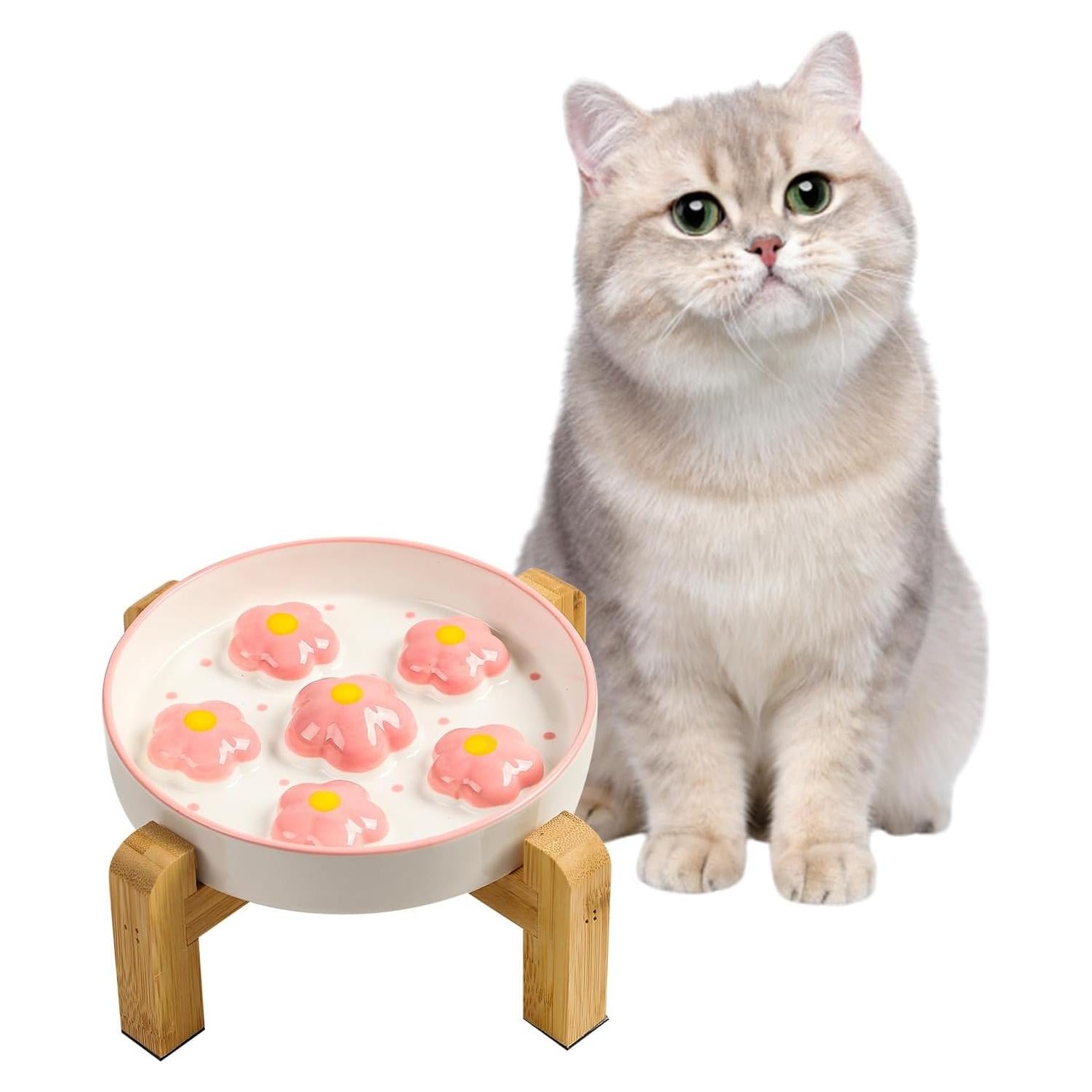 Tazón Elevado para Gatos PTOBER - Cerámica Antideslizante Rosa