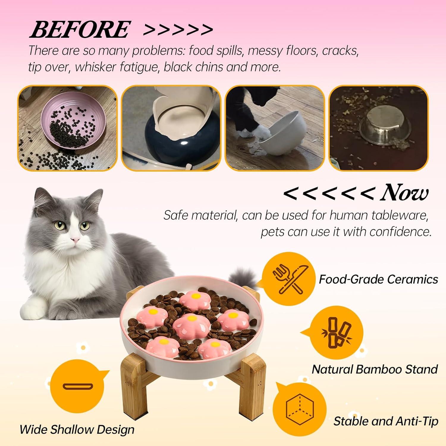 Tazón Elevado para Gatos PTOBER - Cerámica Antideslizante Rosa