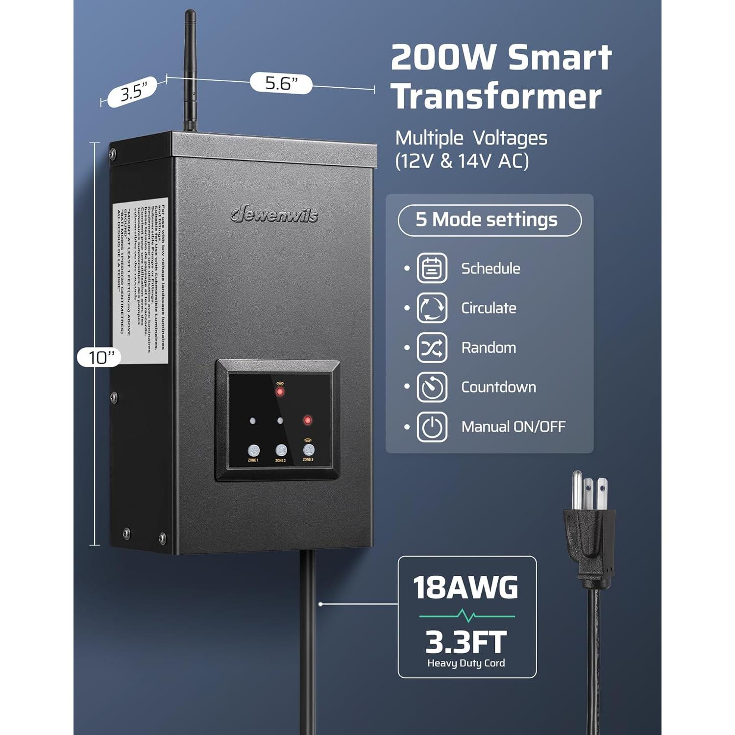 Transformador de Paisaje Inteligente DEWENWILS 200W 3 Salidas