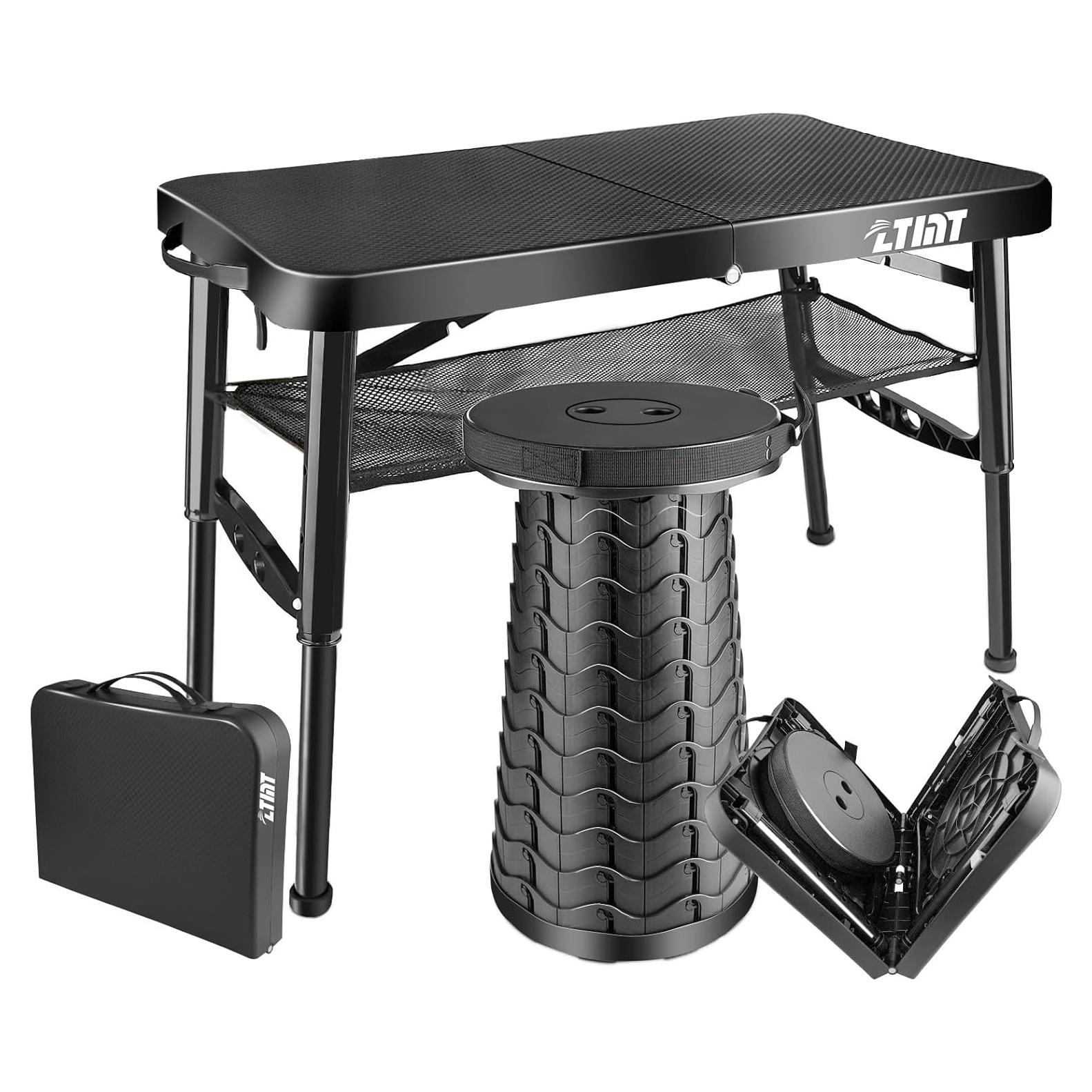Mesa Plegable ZTMT 4 Pies Ajustable Negra + Taburete