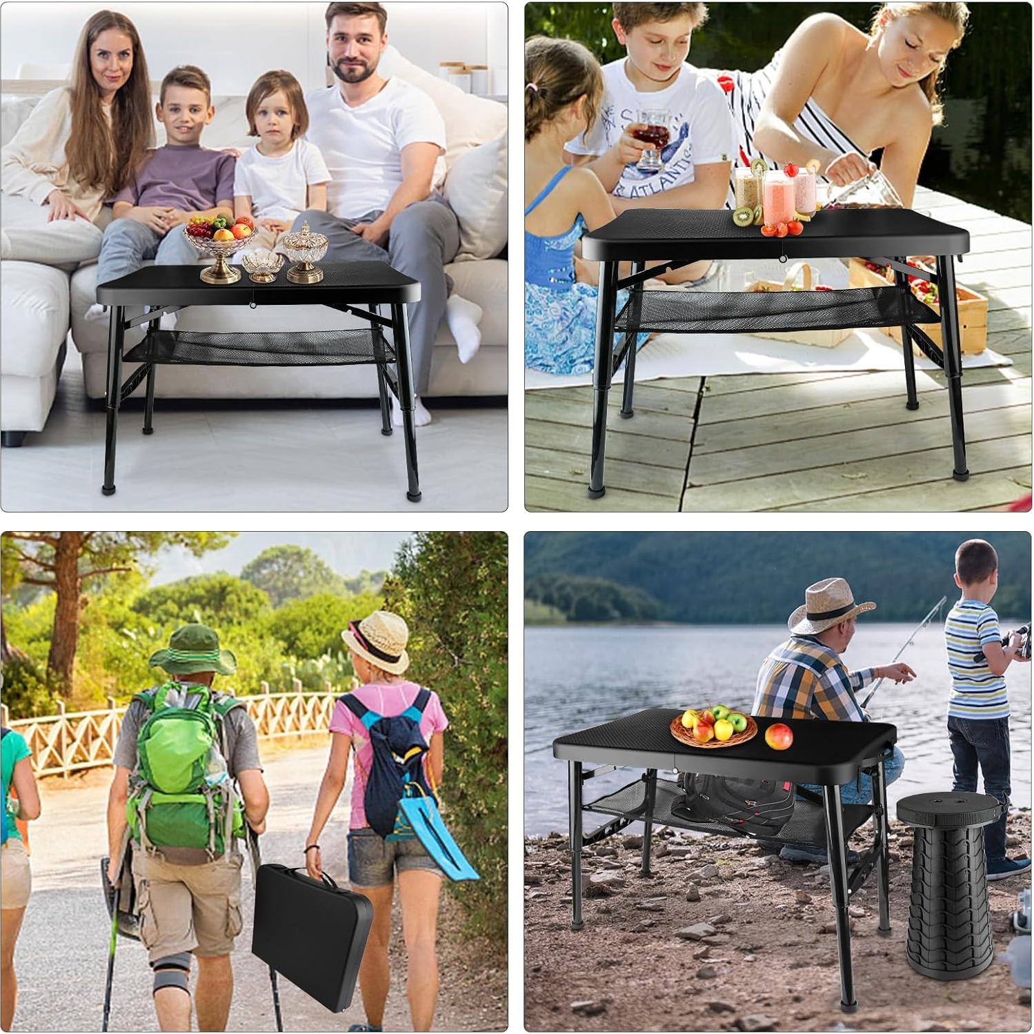 Mesa Plegable ZTMT 4 Pies Ajustable Negra + Taburete