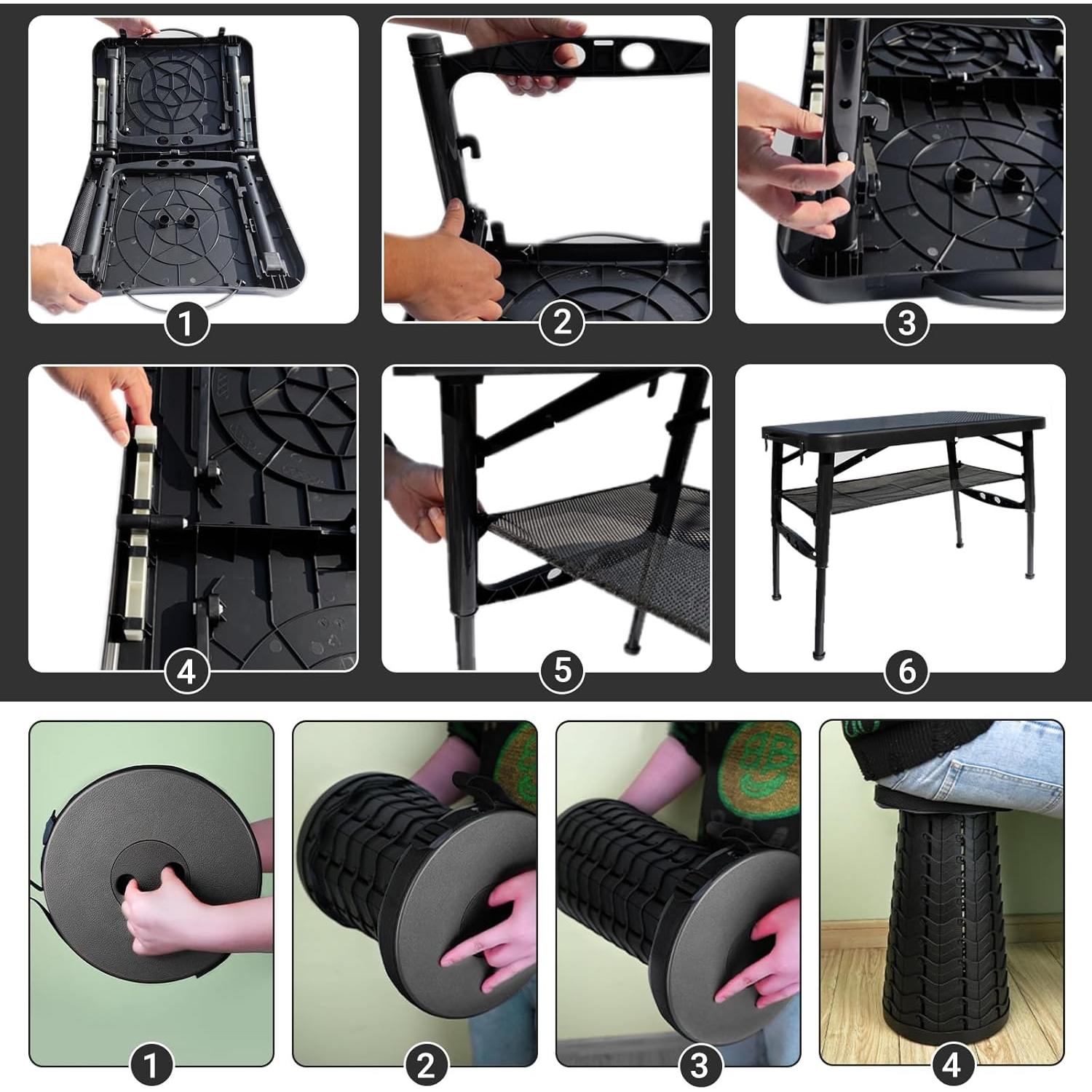 Mesa Plegable ZTMT 4 Pies Ajustable Negra + Taburete