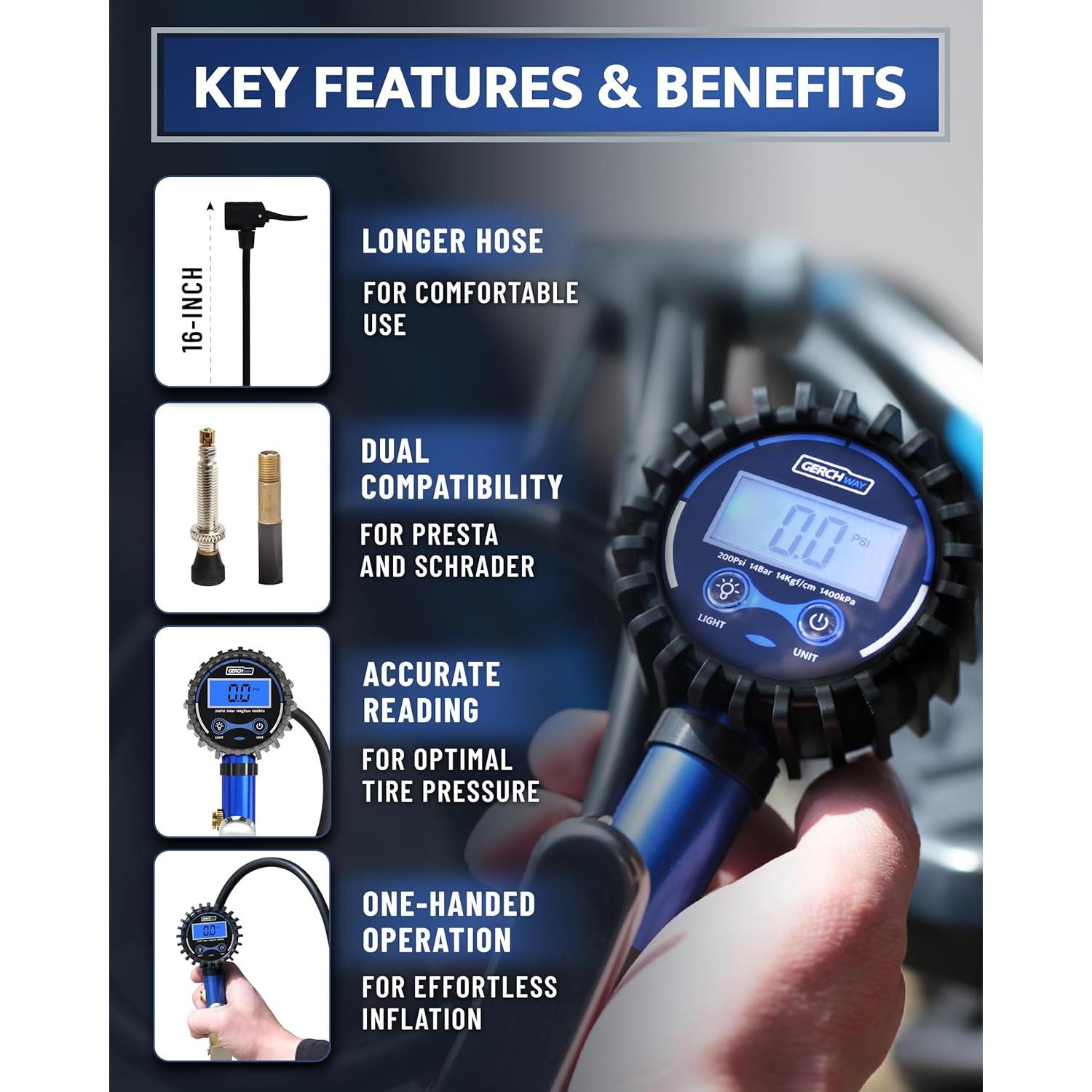 Inflador Digital de Neumáticos Gerchway con Manómetro 3-200 PSI