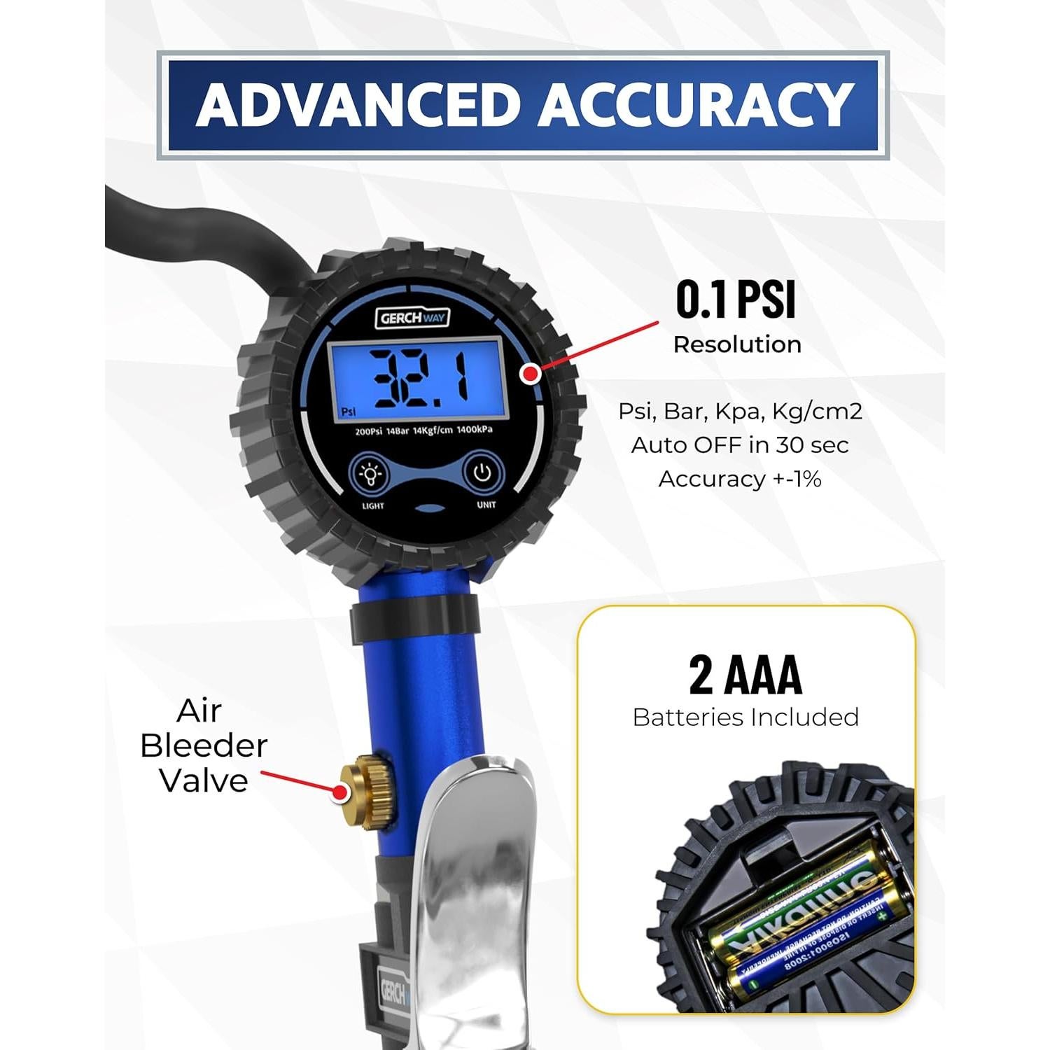 Inflador Digital de Neumáticos Gerchway con Manómetro 3-200 PSI