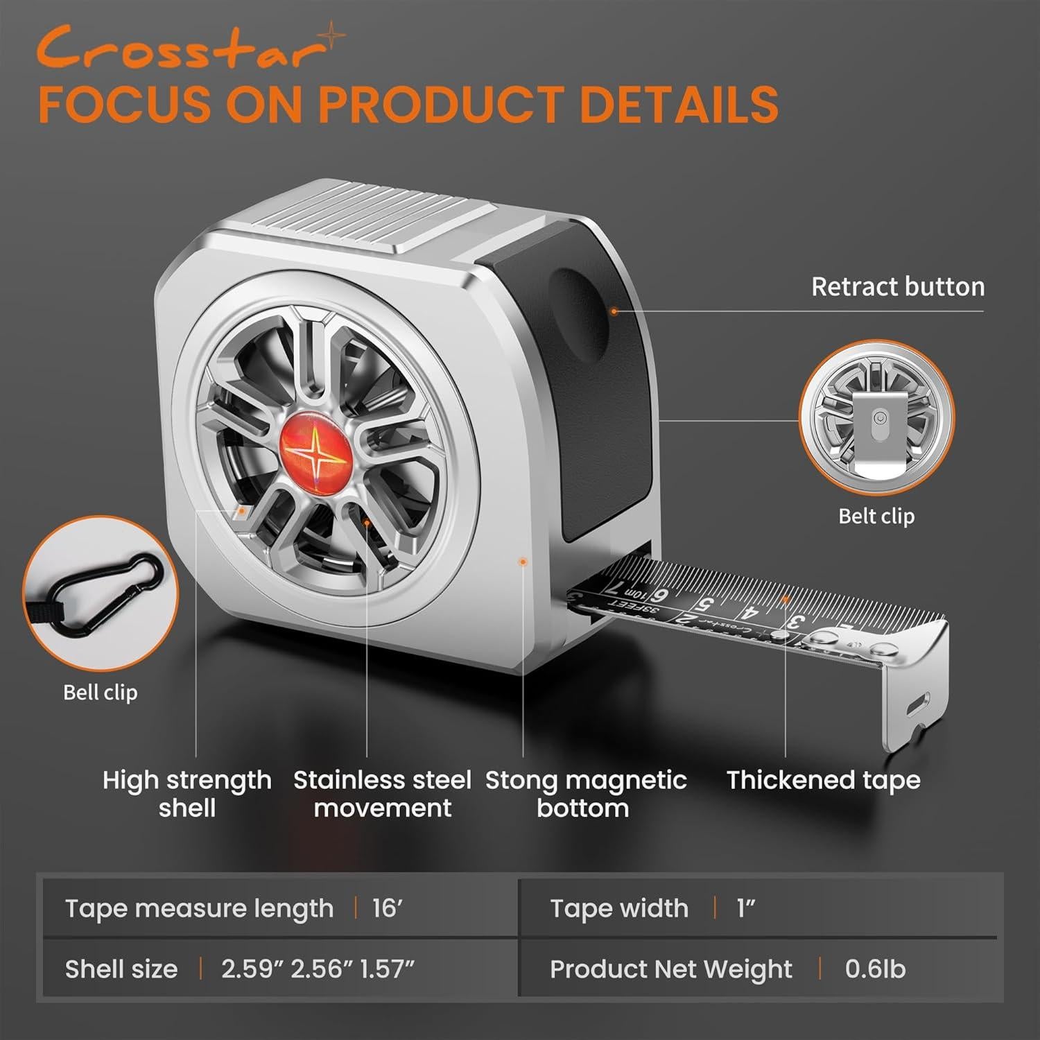 Cinta Métrica Autocierre Crosstar 4.9m Acero Inoxidable Impermeable