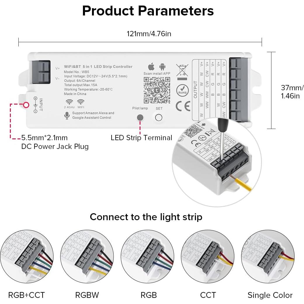 Controlador LED PWM WiFi 5 en 1 WB5 12-24V RGB CCT