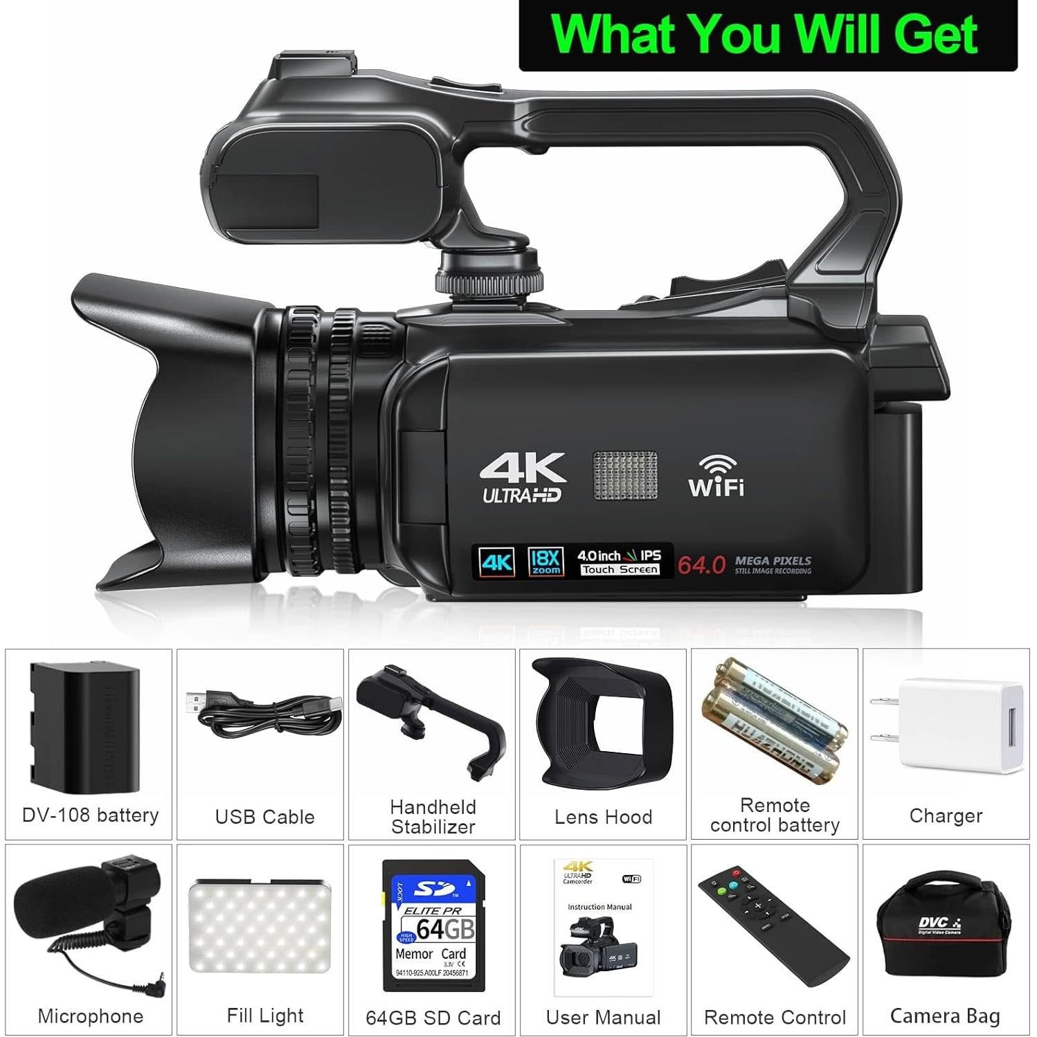 Cámara de Video VETEK 4K 64MP con Pantalla Táctil 4" y WiFi