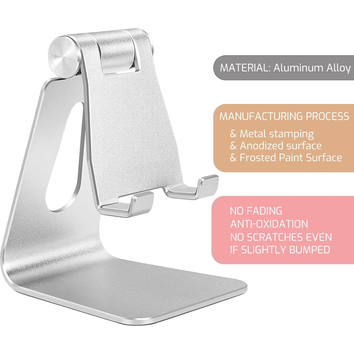 Soporte ajustable para teléfono celular de aluminio plateado