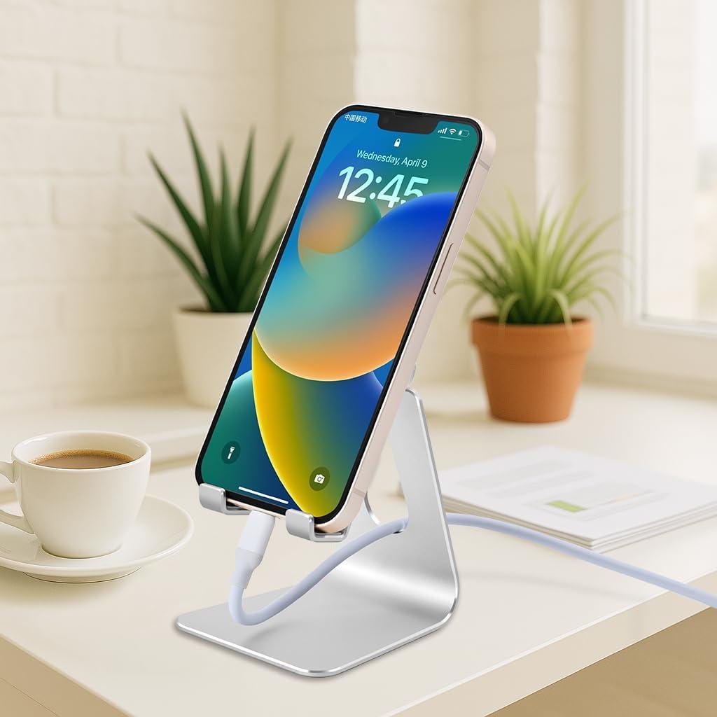 Soporte ajustable para teléfono celular de aluminio plateado