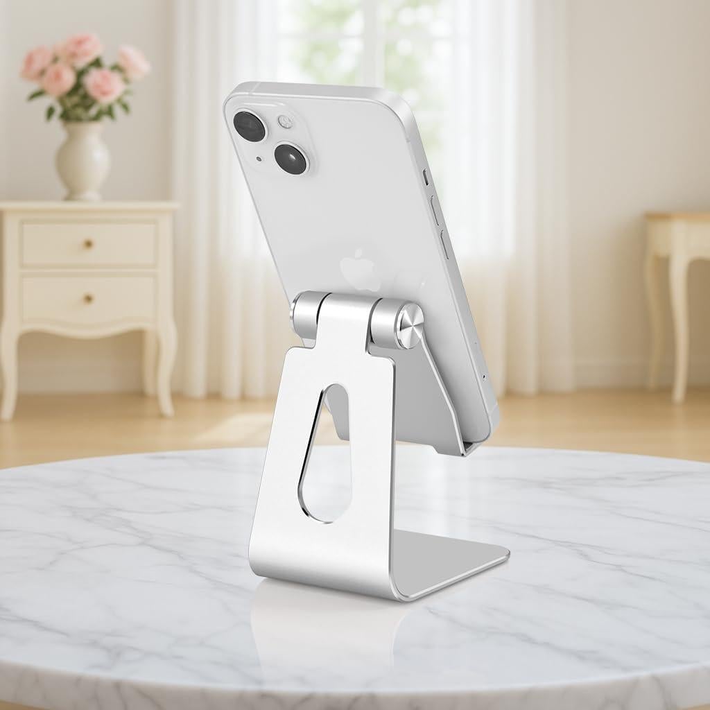 Soporte ajustable para teléfono celular de aluminio plateado