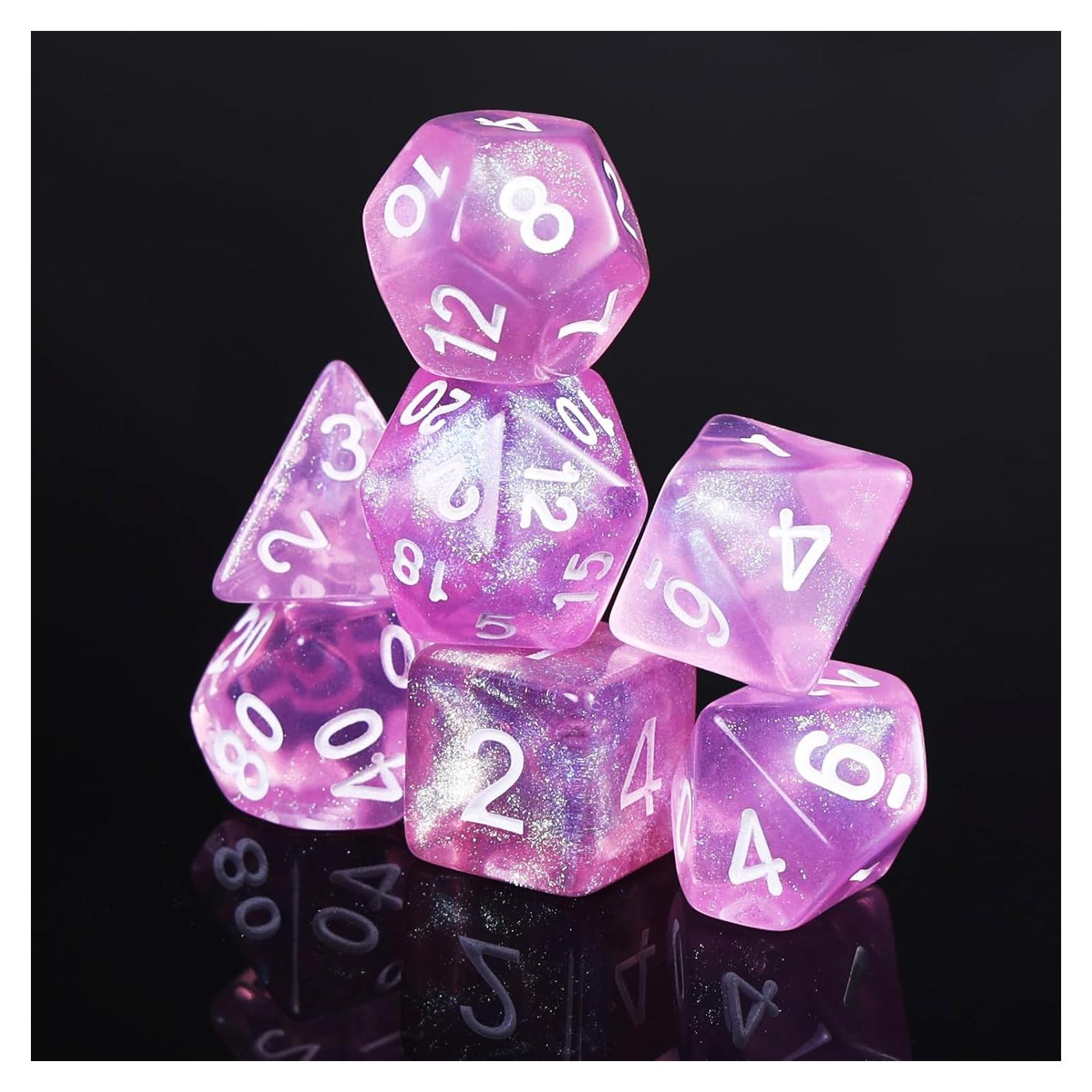 Dados Transparentes Rosados Brillantes Acrílico 7 Piezas D&D RPG