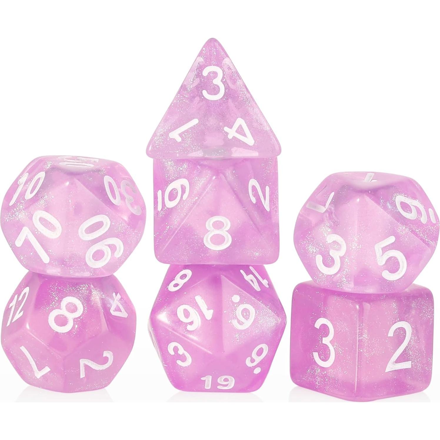 Dados Transparentes Rosados Brillantes Acrílico 7 Piezas D&D RPG