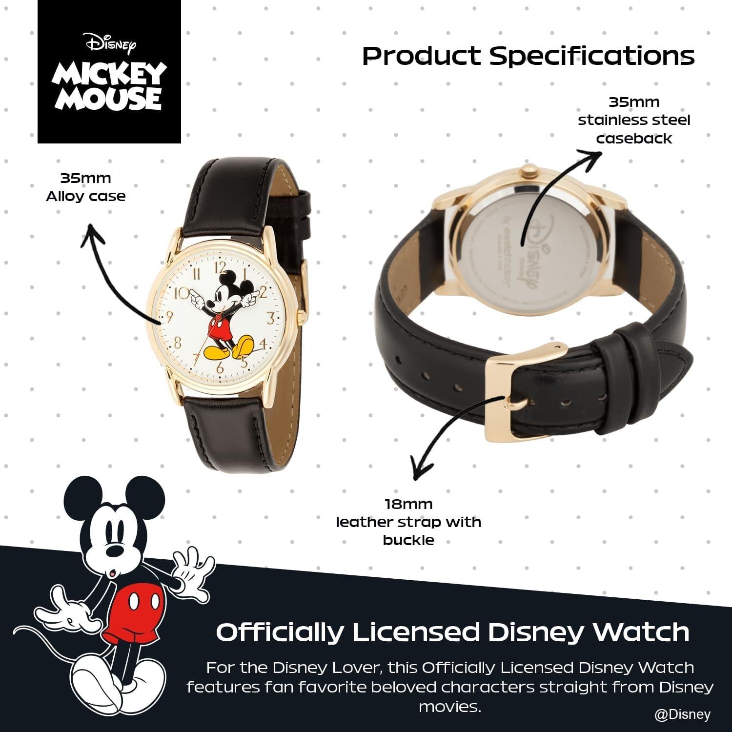 Reloj Mickey Mouse Disney para hombres - Caja dorada, correa cuero