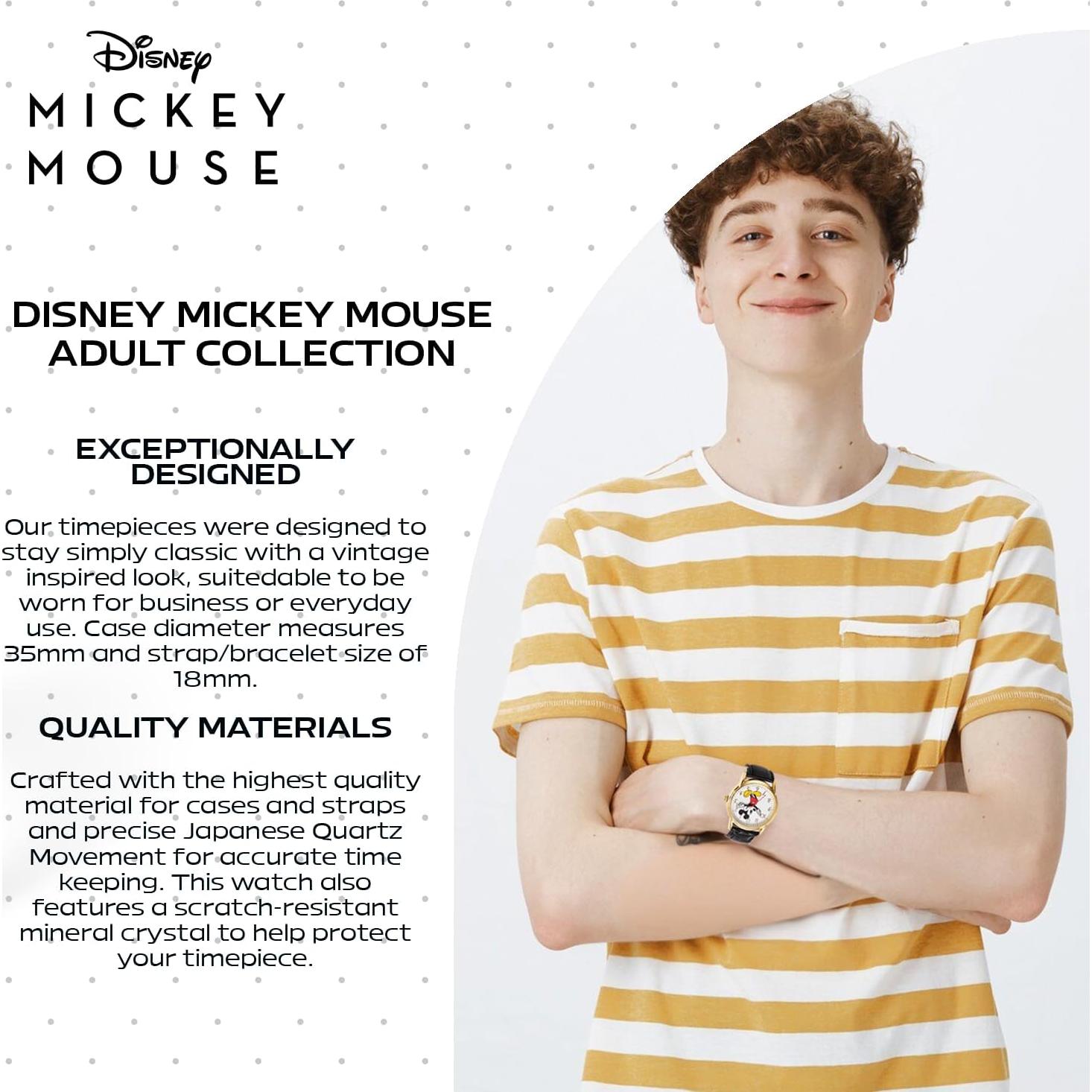 Reloj Mickey Mouse Disney para hombres - Caja dorada, correa cuero