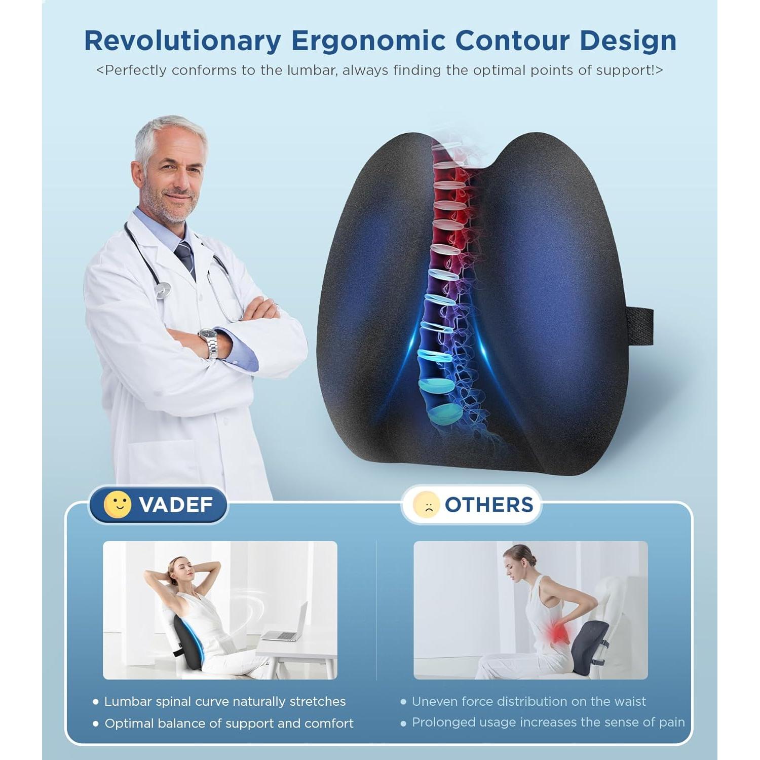 Almohada Lumbar Ergonómica Vadef Negra con Espuma de Memoria