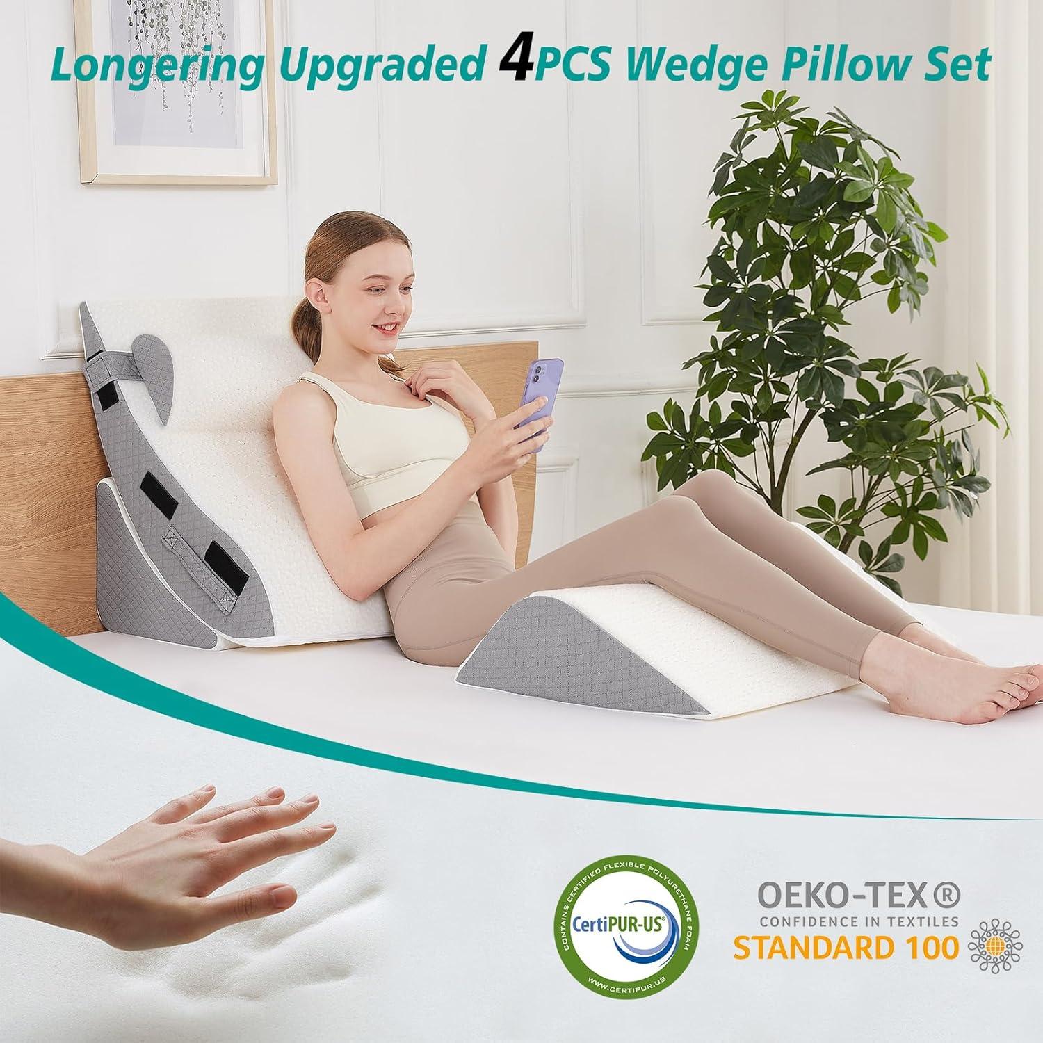Juego de Almohadas en Cuña Ortopédica Longering 4 Pcs - Soporte Cuello y Piernas