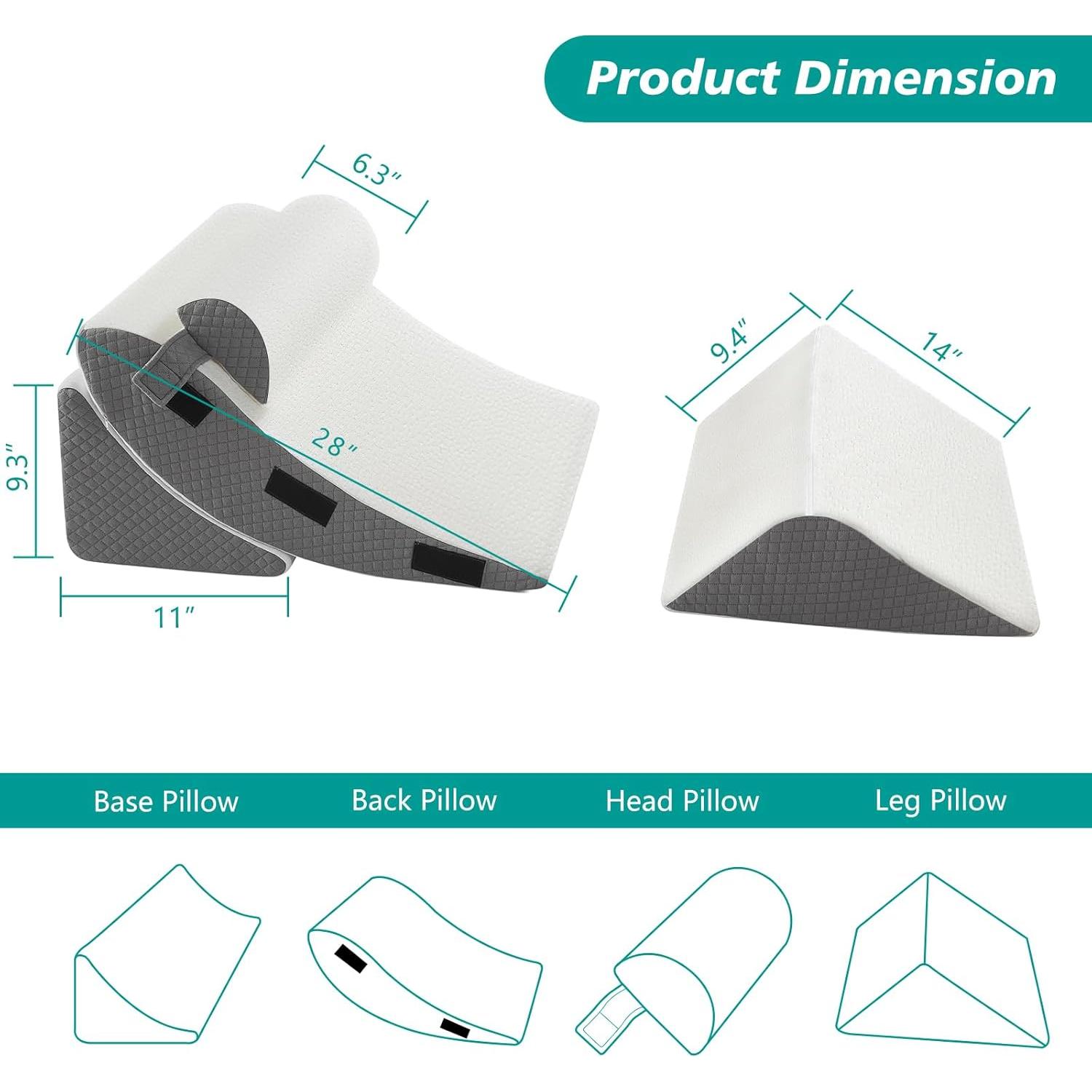 Juego de Almohadas en Cuña Ortopédica Longering 4 Pcs - Soporte Cuello y Piernas