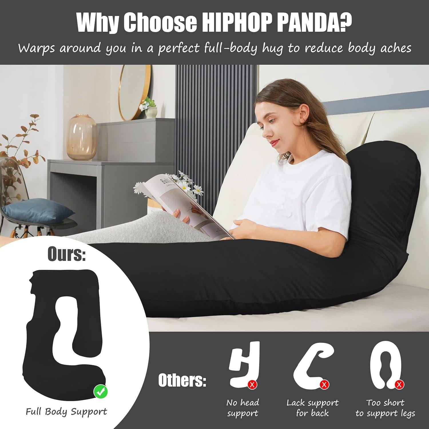 Almohada de Maternidad HIPHOP PANDA 145 cm Negra - Soporte Cuerpo Completo