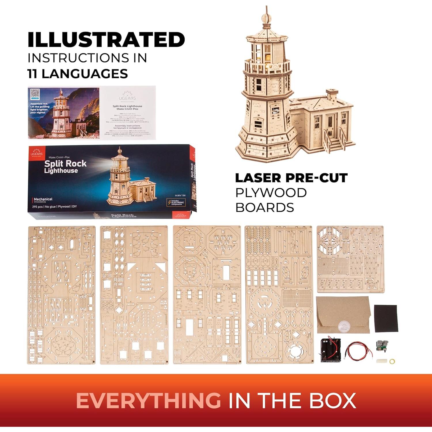 Rompecabezas 3D UGEARS Faro Split Rock con Luz LED - 295 Pcs