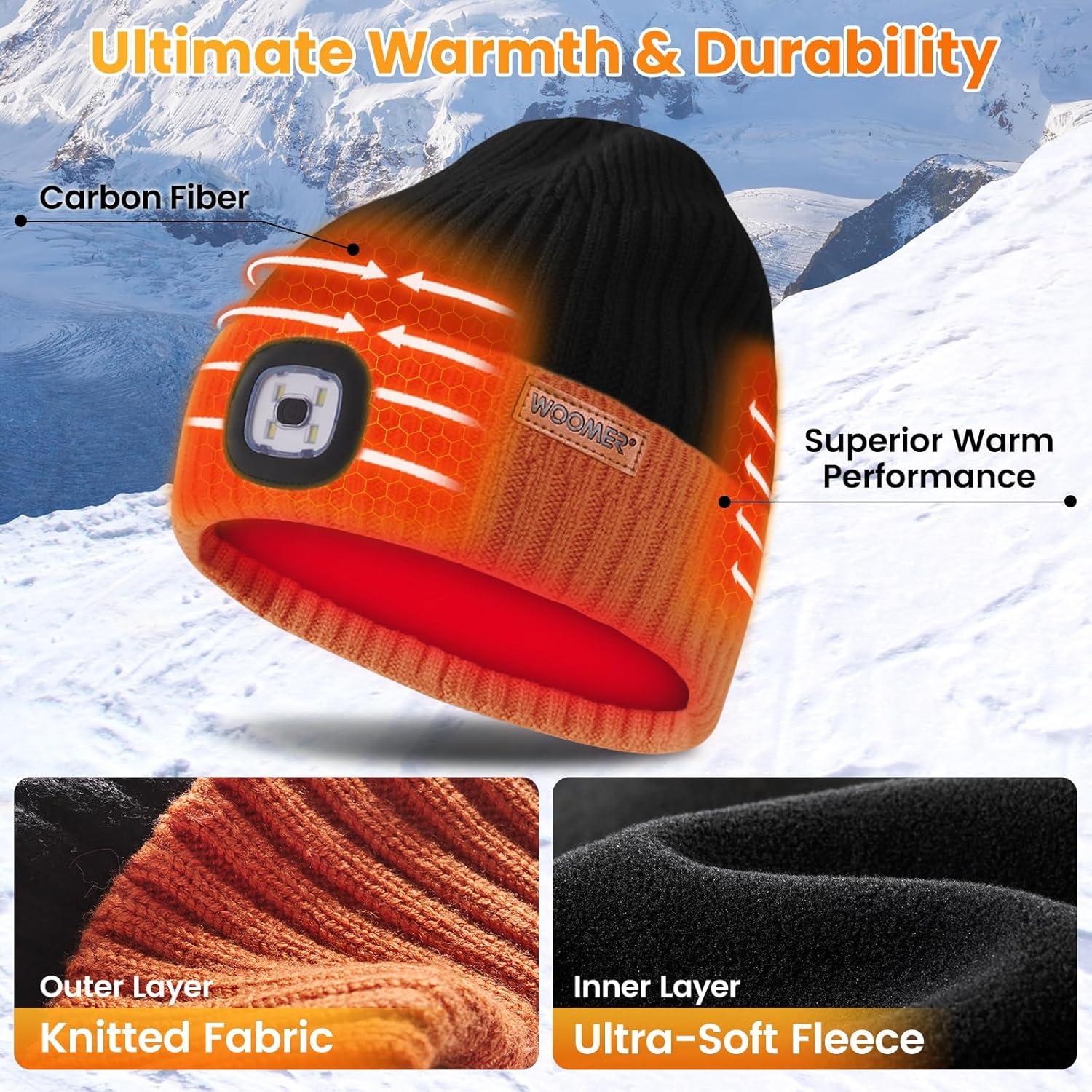 Gorro Calentado WOOMER con Luz LED, Batería 5V 4000mAh