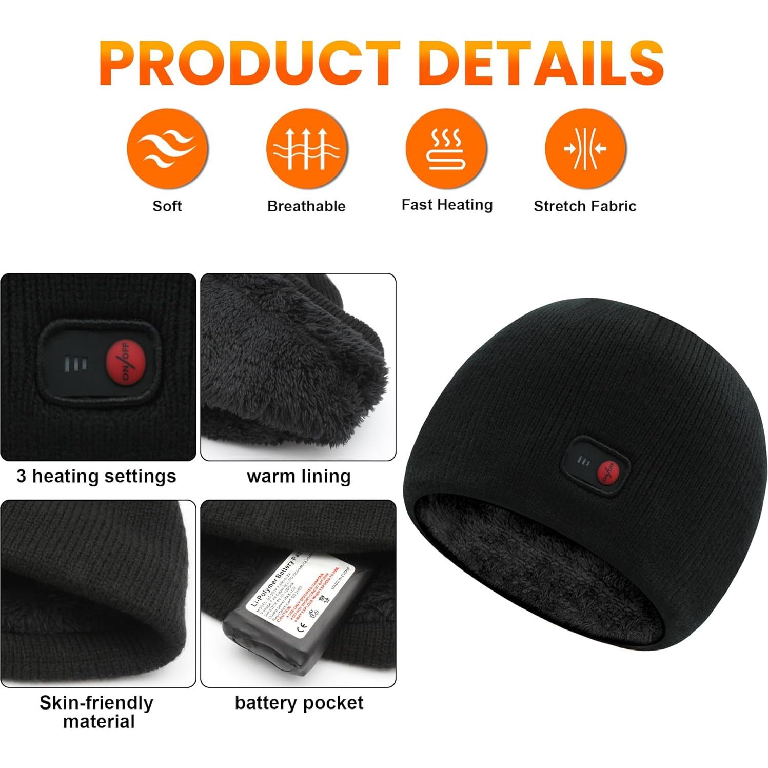 Gorro Calentado QILOVE 7.4V Unisex Negro - Invierno