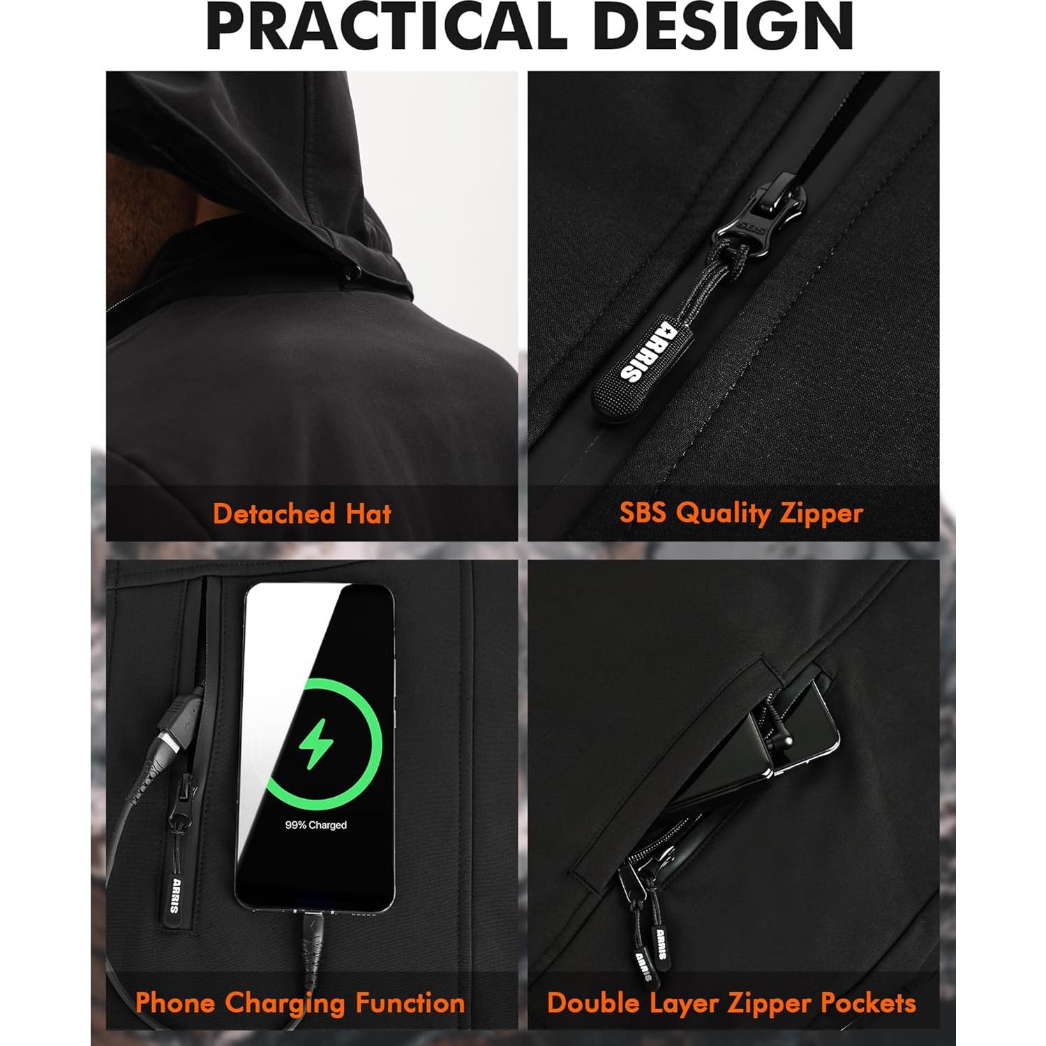 Chaqueta Térmica ARRIS para Hombres - Impermeable, 7.4V, 8 Áreas Calentamiento