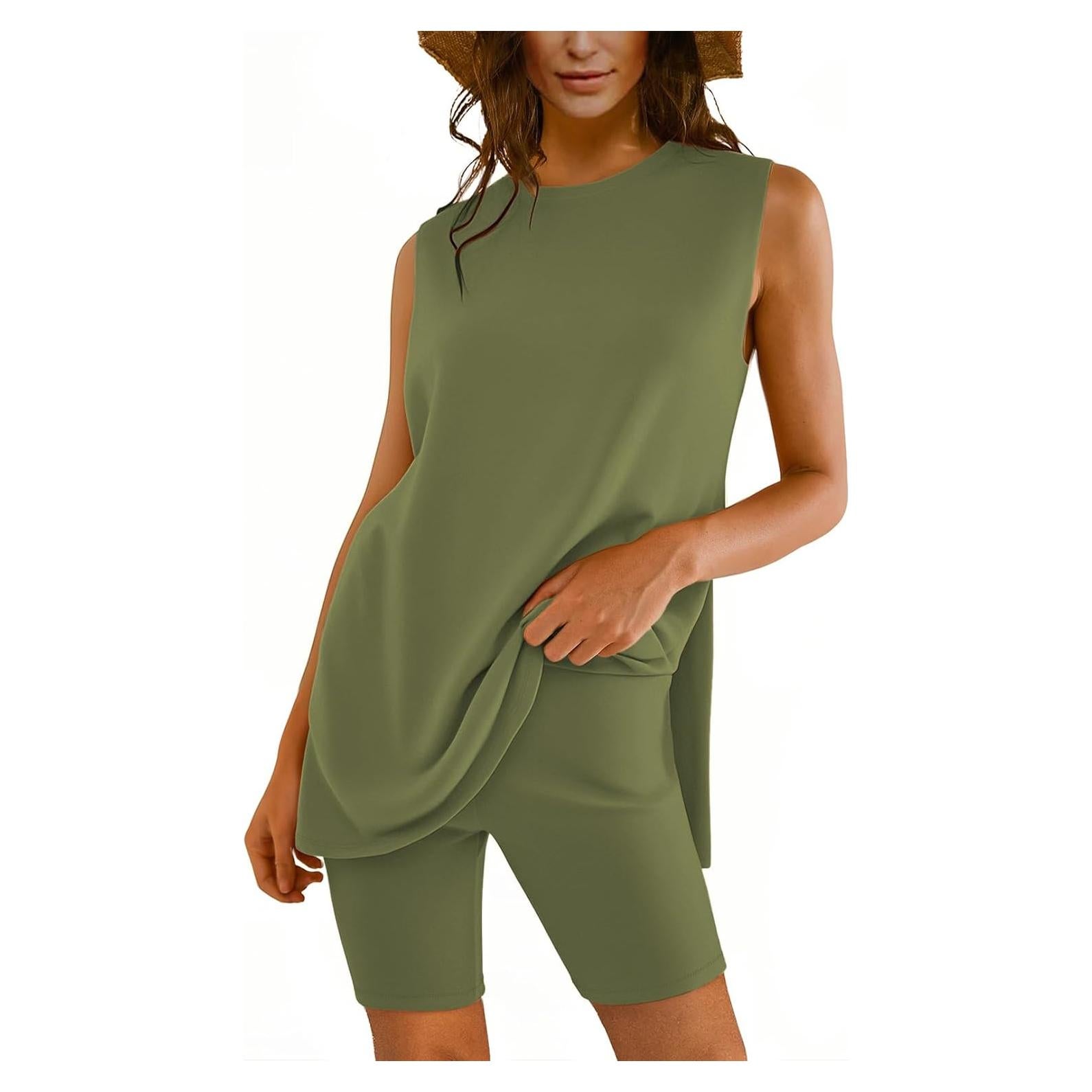 Conjunto de Verano para Mujeres - Top Sin Mangas y Pantalones Cortos Verde Militar