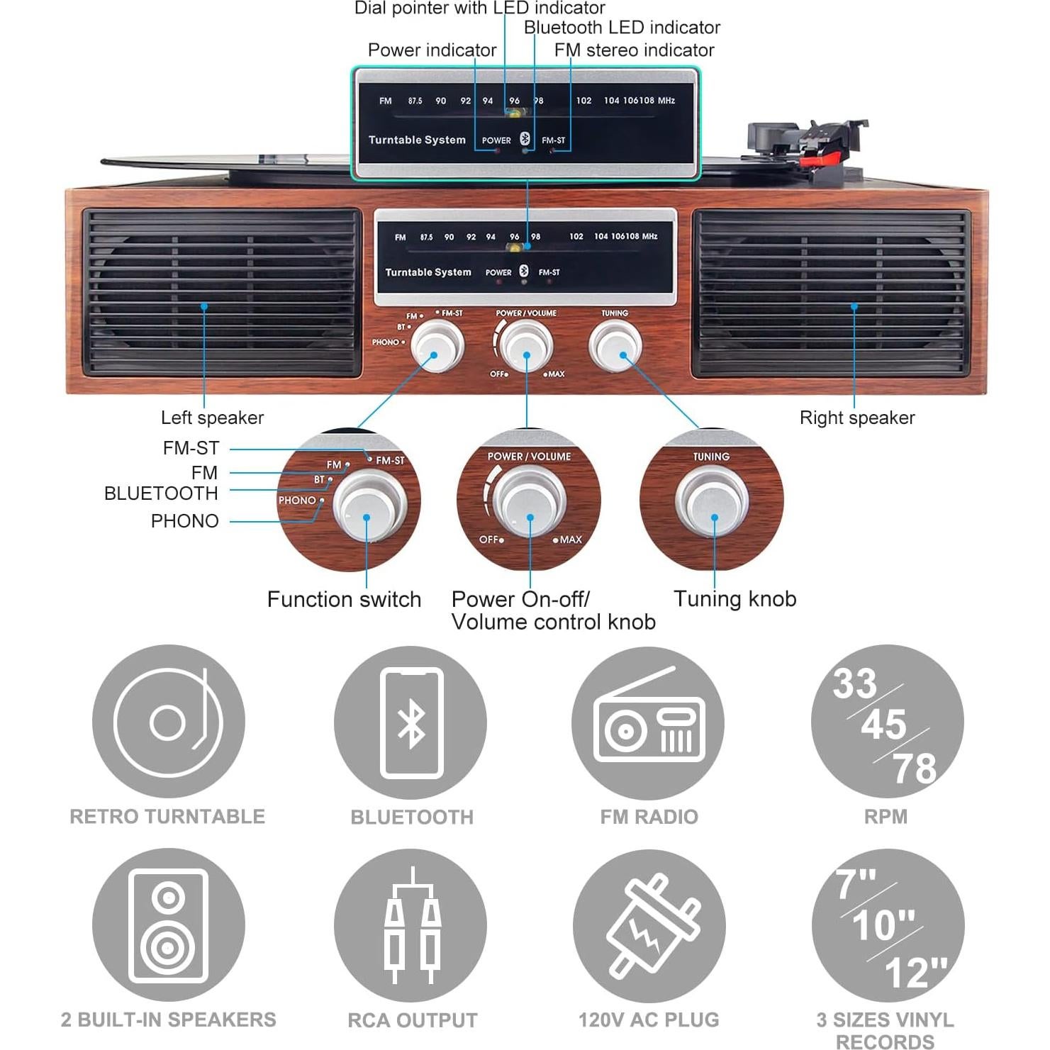 Reproductor de Vinilo Bluetooth LUXSWAY DY-138BT 3 Velocidades
