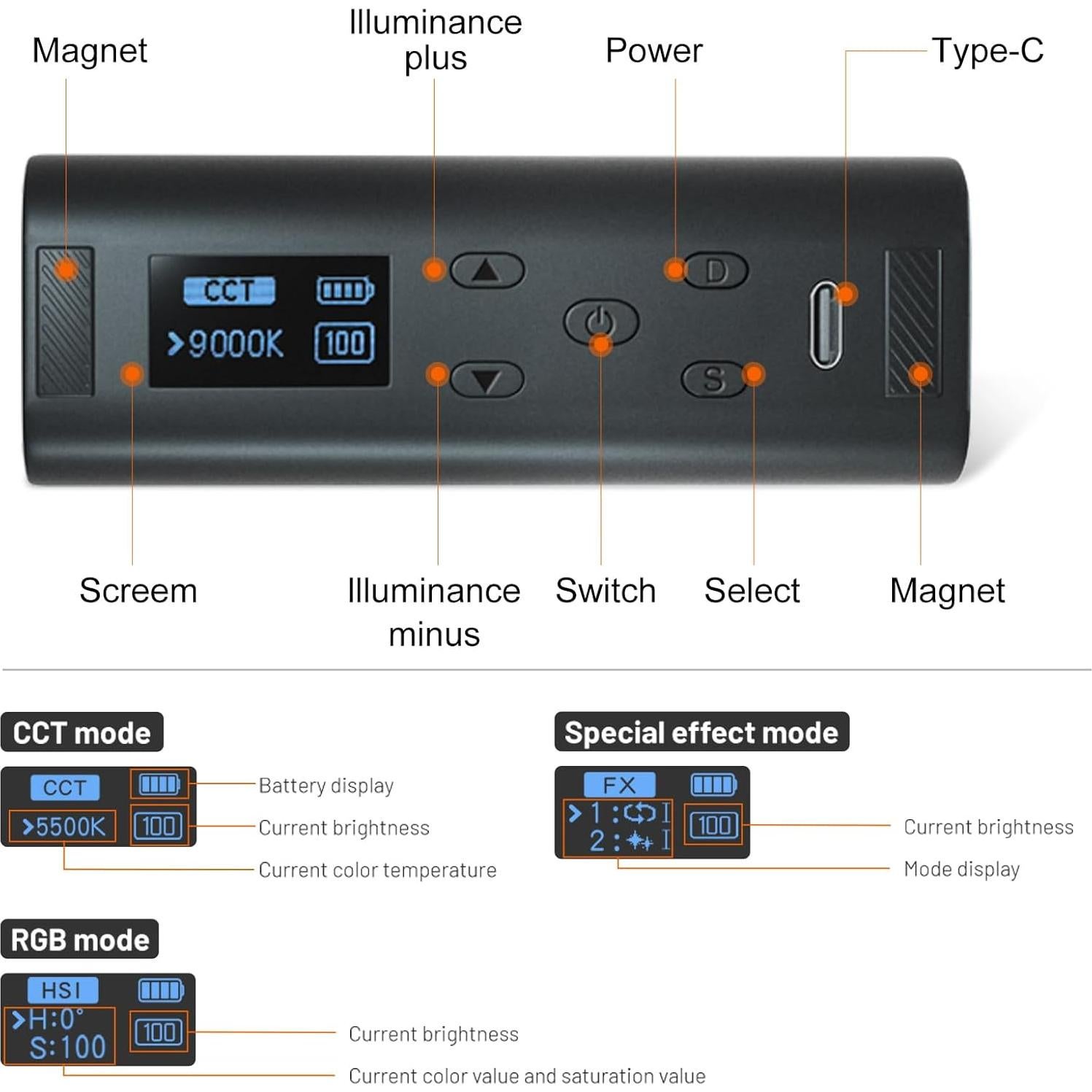 Varita de Luz LED RGB Portátil Lapgood 12cm 2500-9000K