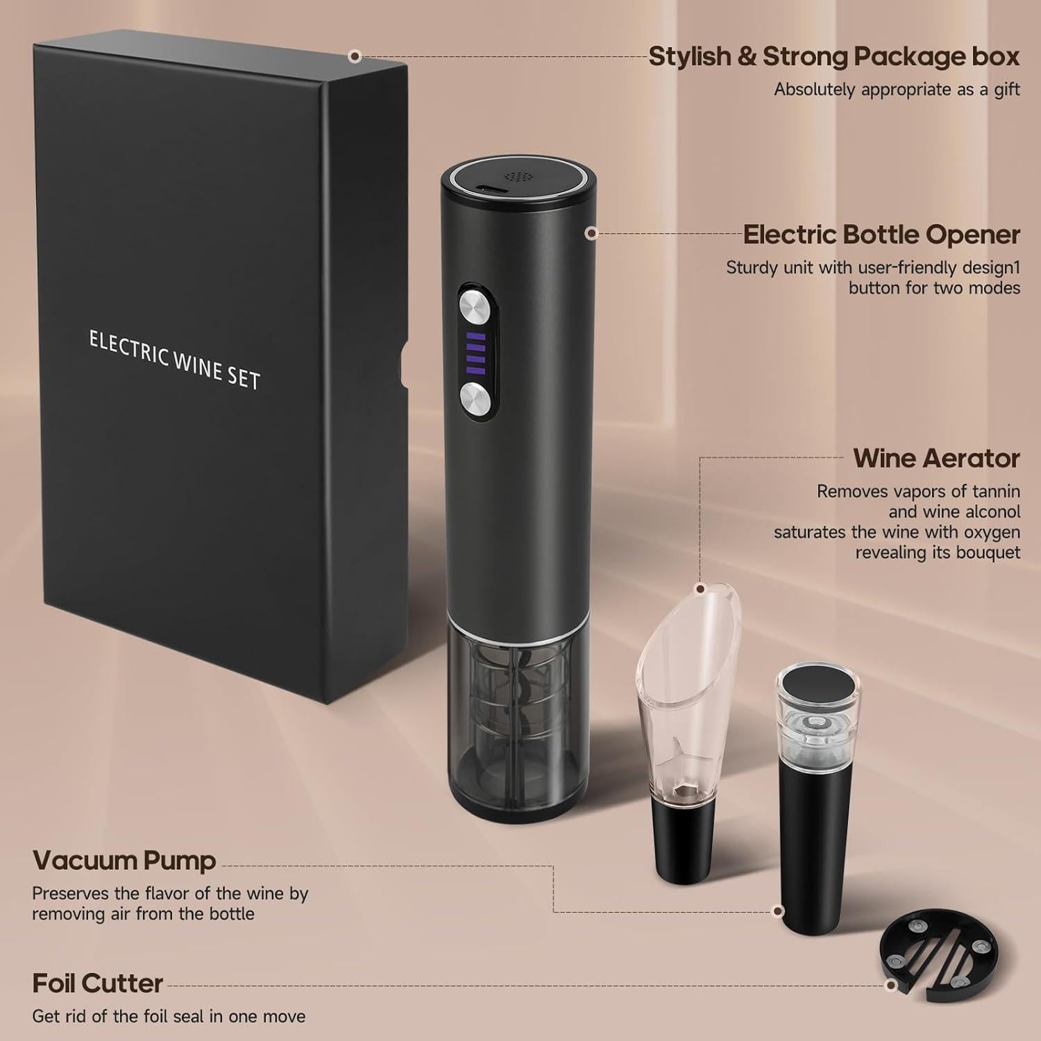 Abridor de Vino Eléctrico SCSXGO con Aerador y Tapón