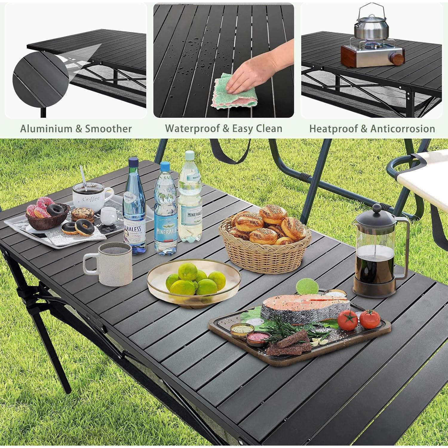 Large Folding Camping Table Aluminum with Storage for 4-6 People 55"X27.5" Roll Up Tall Outdoor Portable Table Lightweight with Carry Bag for Picnic BBQ Backyard Beach