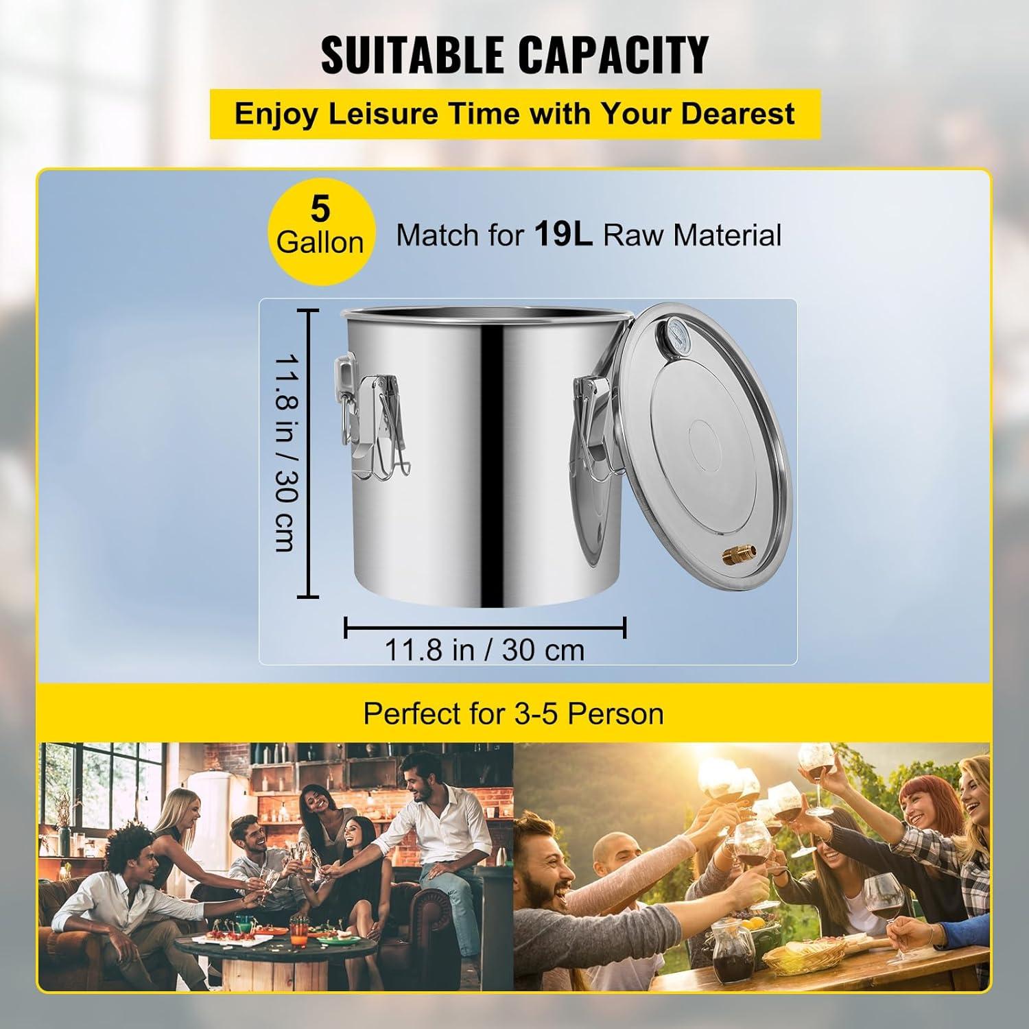 Alambique de Alcohol VEVOR 20L Kit de Destilación Acero Inoxidable