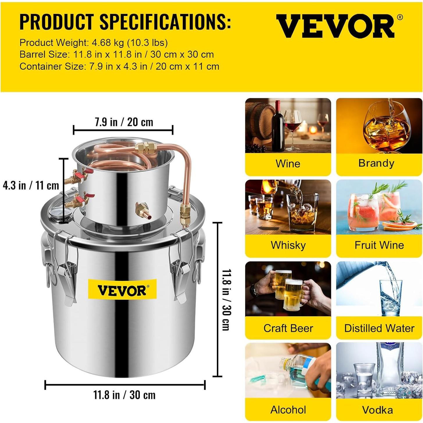 Alambique de Alcohol VEVOR 20L Kit de Destilación Acero Inoxidable