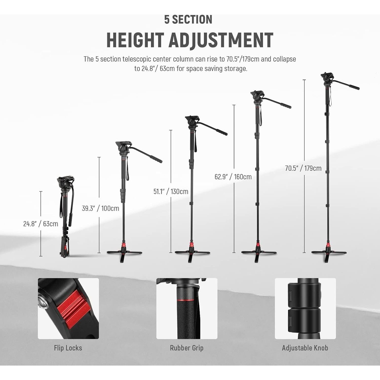 Monopod Profesional NEEWER 179cm Aluminio con Cabezal Fluido