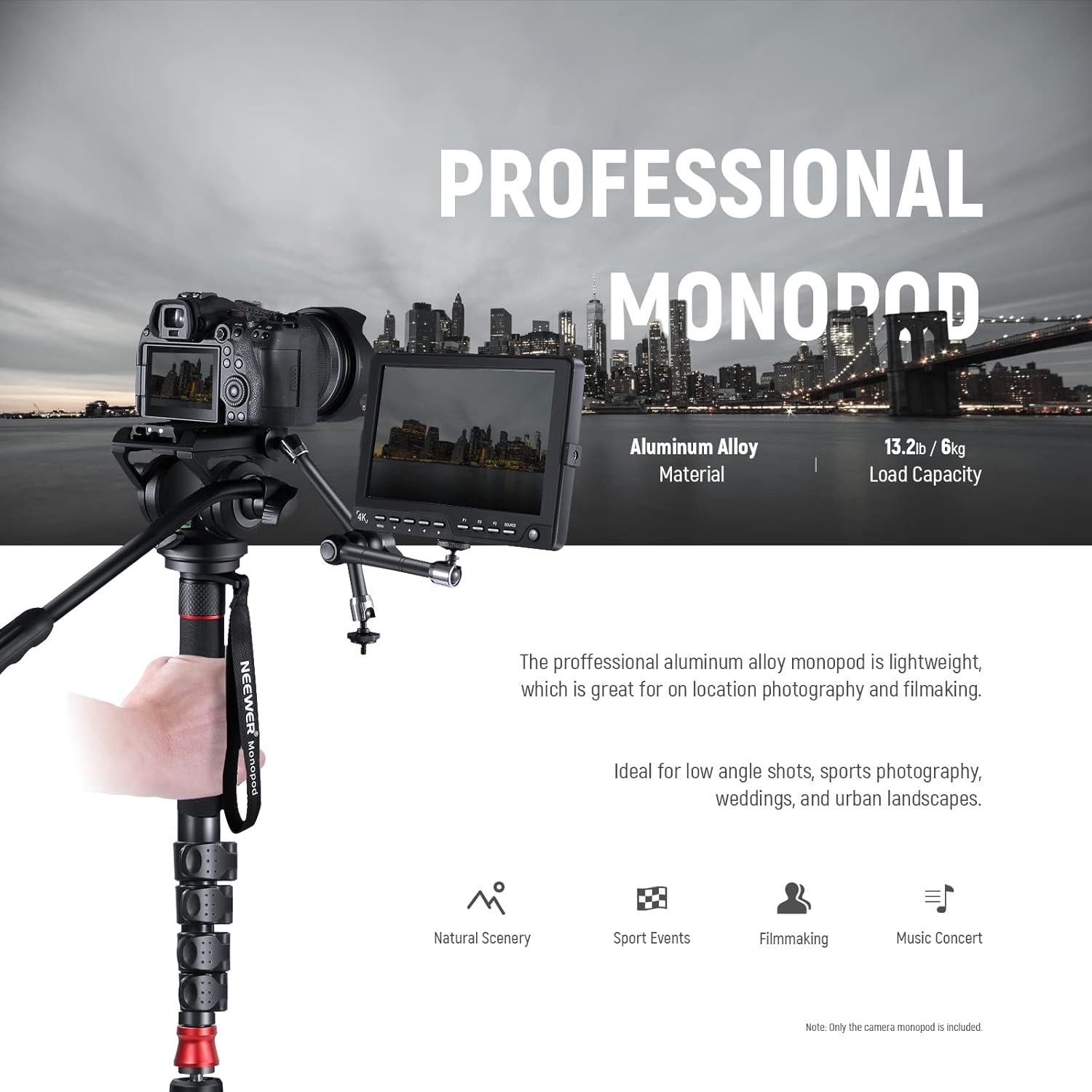 Monopod Profesional NEEWER 179cm Aluminio con Cabezal Fluido