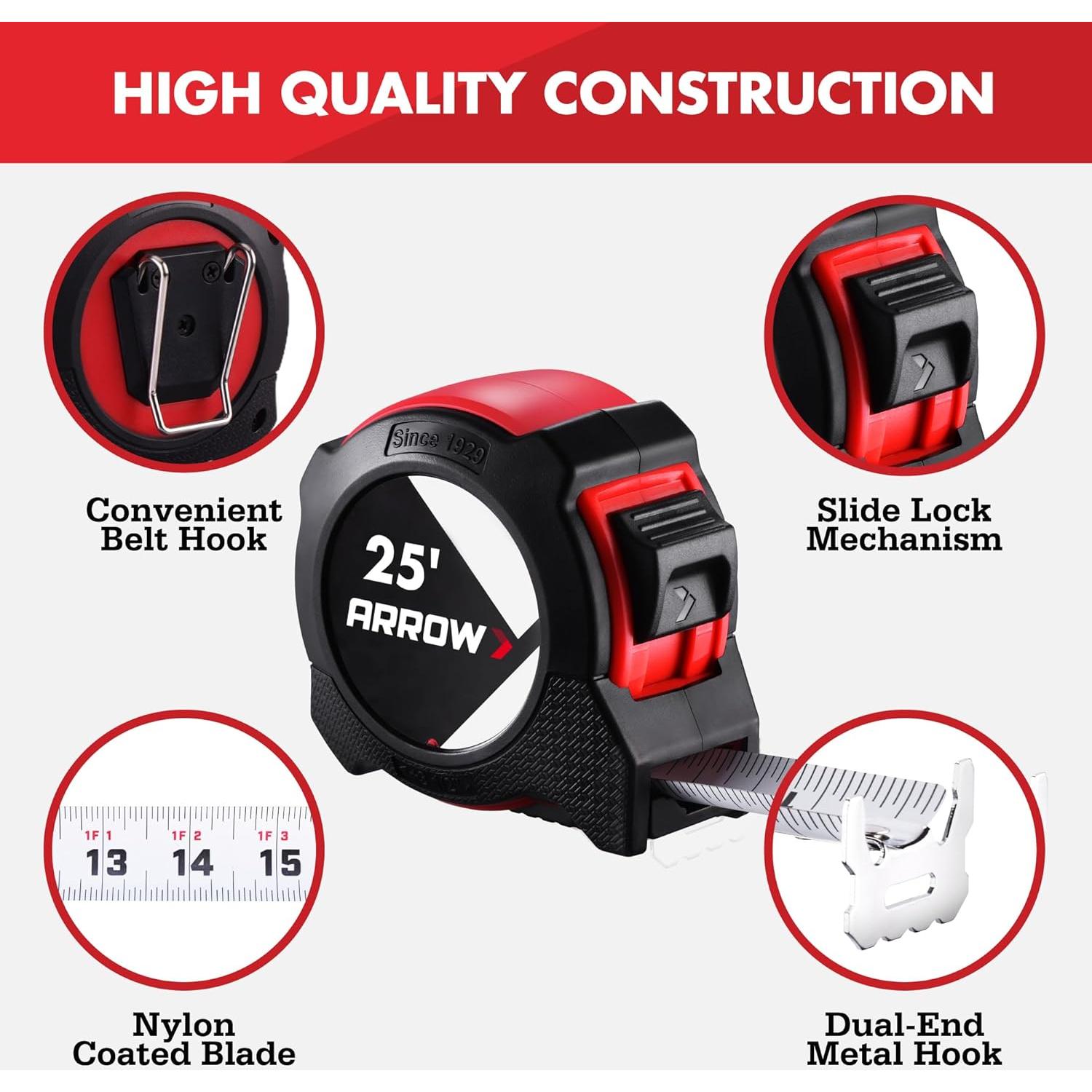 Cinta Métrica Arrow 7.62 m Doble Cara con Bloqueo y Gancho