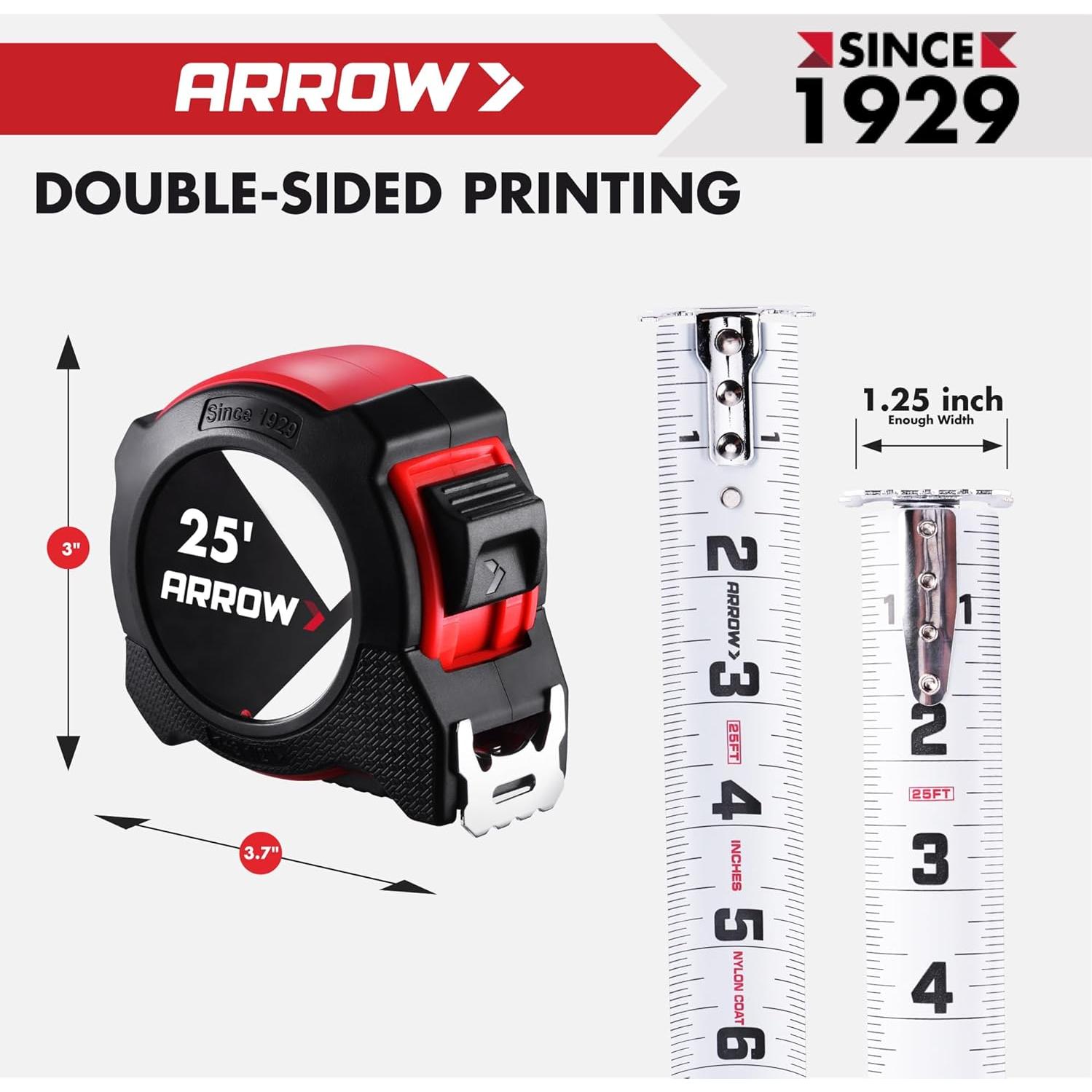 Cinta Métrica Arrow 7.62 m Doble Cara con Bloqueo y Gancho
