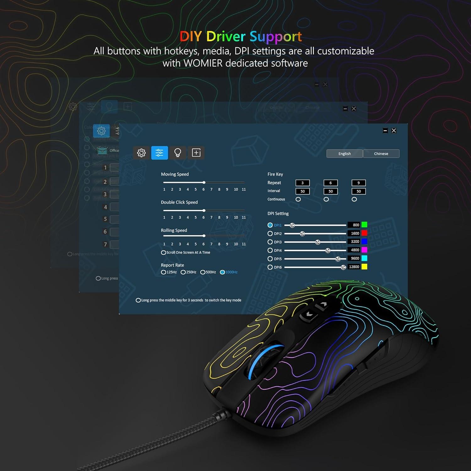 Ratón Gaming Womier G706 RGB 12800 DPI Con Cable Negro