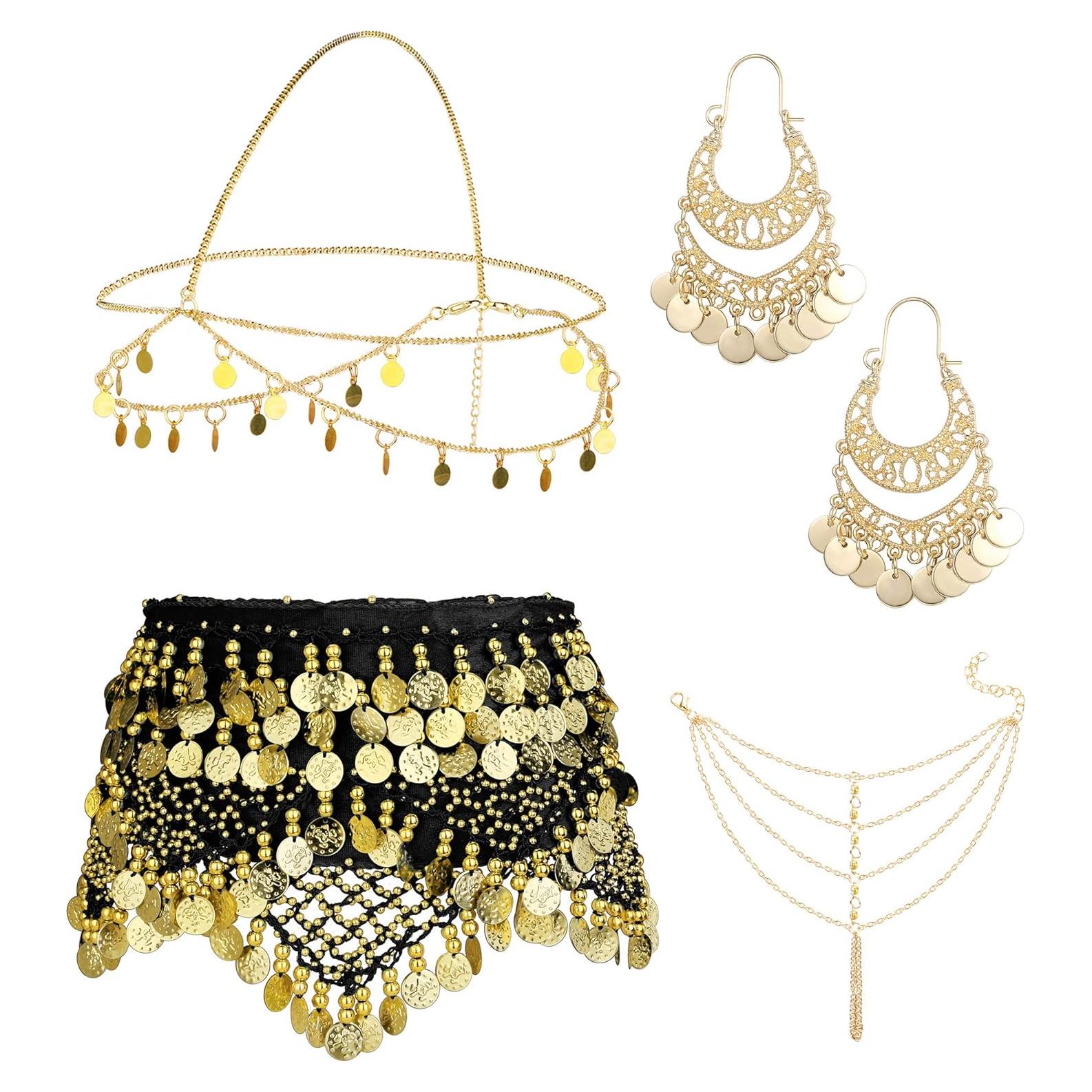 Accesorios de Danza del Vientre ORAZIO 4 Piezas - Bufanda, Cadena y Más