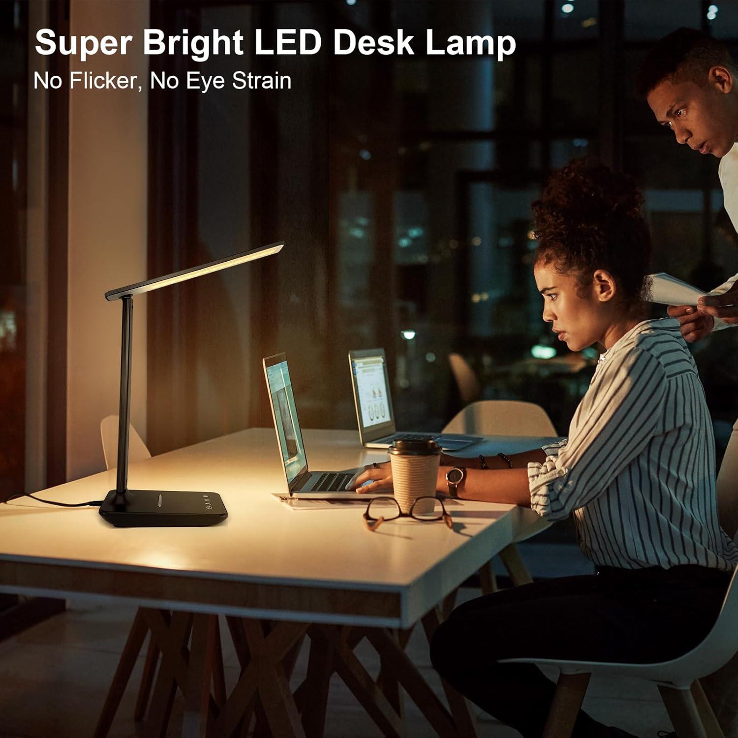 Lámpara de escritorio LED Shinelife negra con USB y 5 brillos