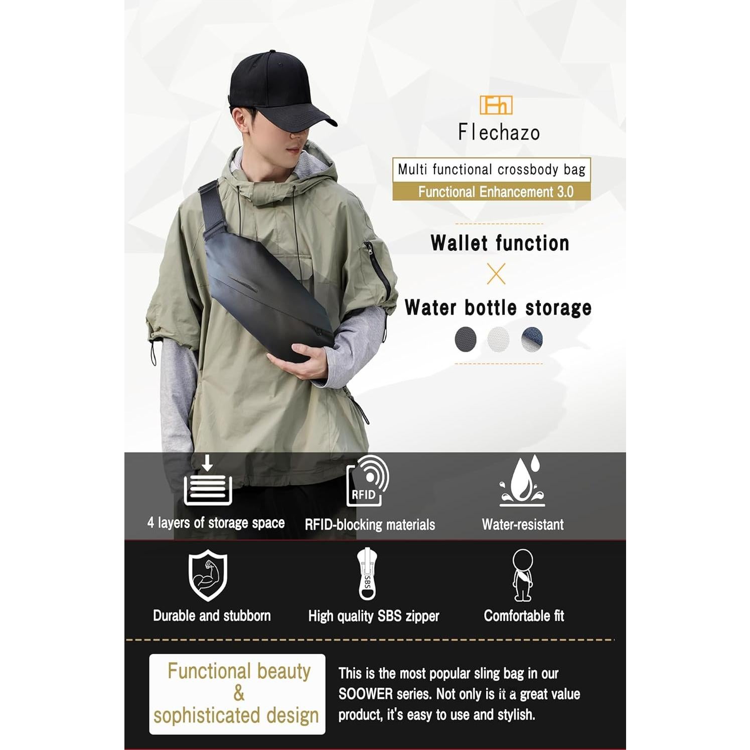 Bolsa de Bandolera SOOWER Negra a Prueba de Agua 35.8x9.6cm