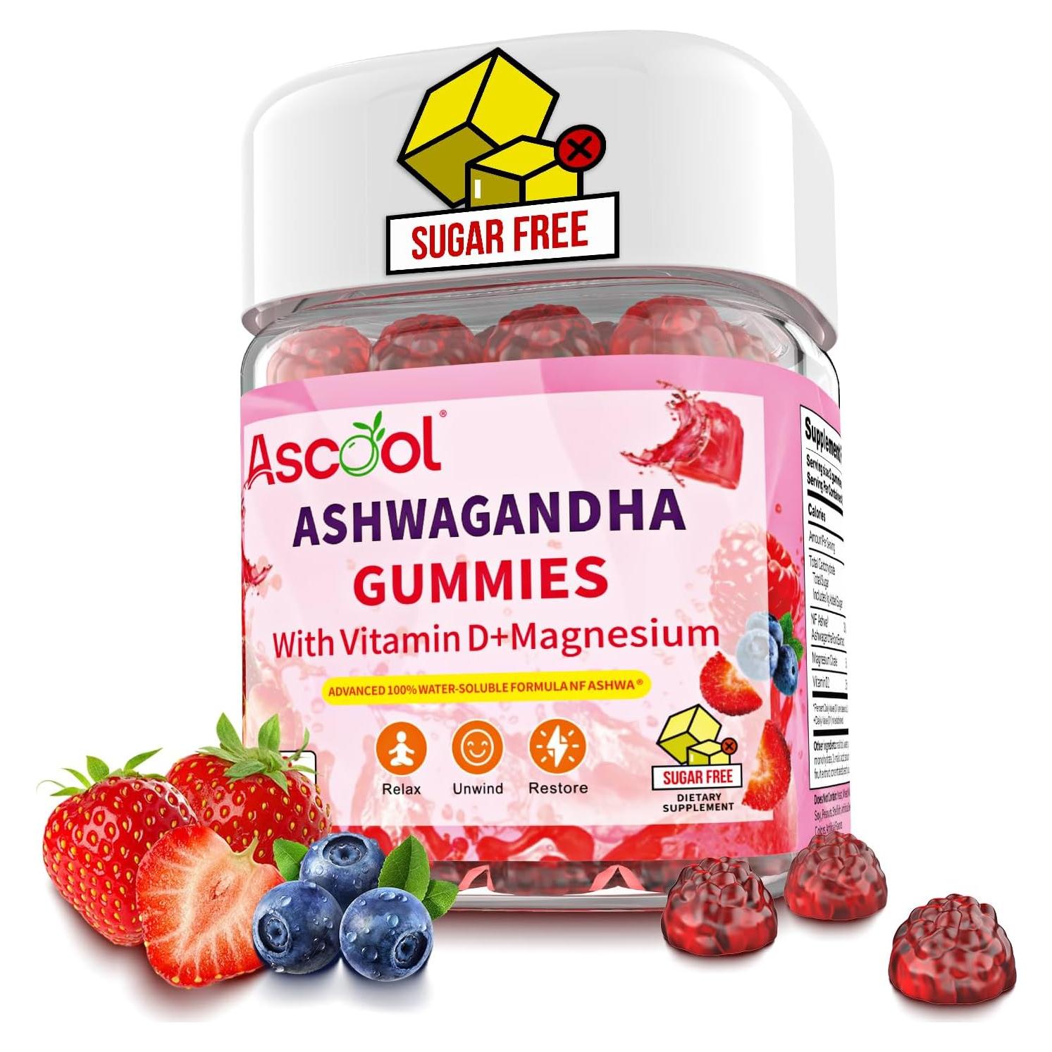 Gomitas de Ashwagandha Ascool 90ct Sin Azúcar con Vitamina D y Magnesio