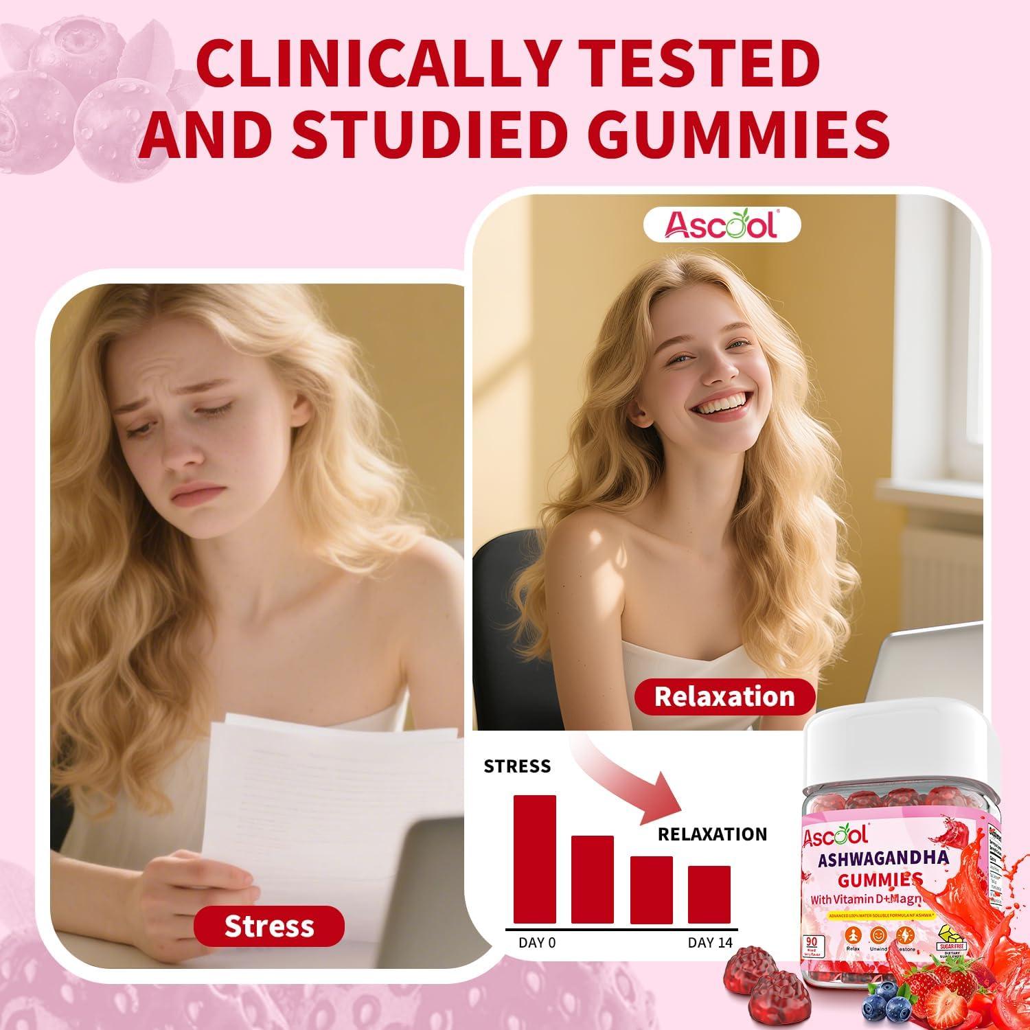 Gomitas de Ashwagandha Ascool 90ct Sin Azúcar con Vitamina D y Magnesio