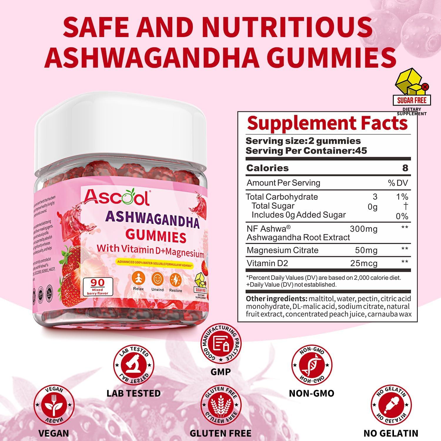 Gomitas de Ashwagandha Ascool 90ct Sin Azúcar con Vitamina D y Magnesio