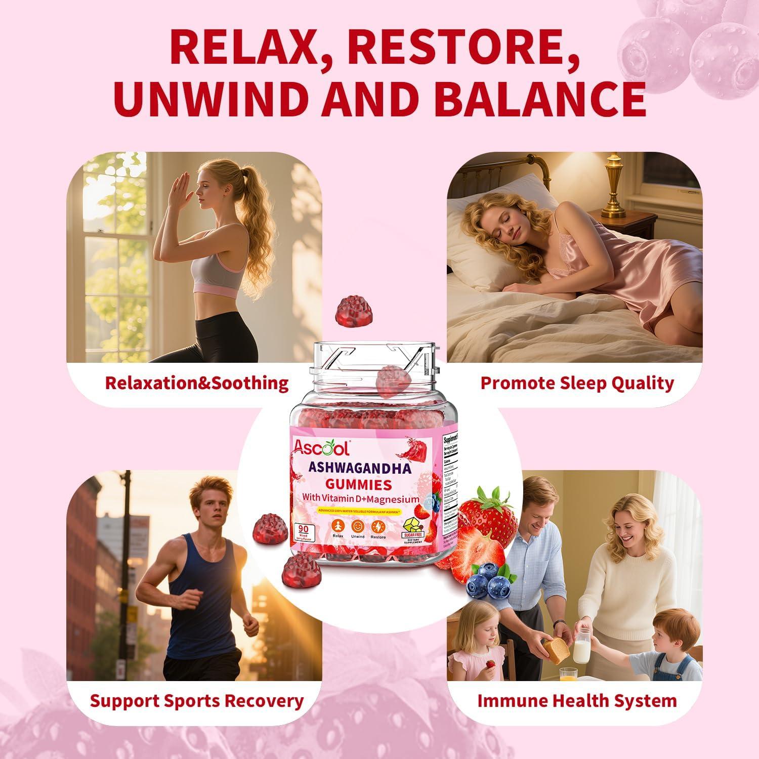 Gomitas de Ashwagandha Ascool 90ct Sin Azúcar con Vitamina D y Magnesio