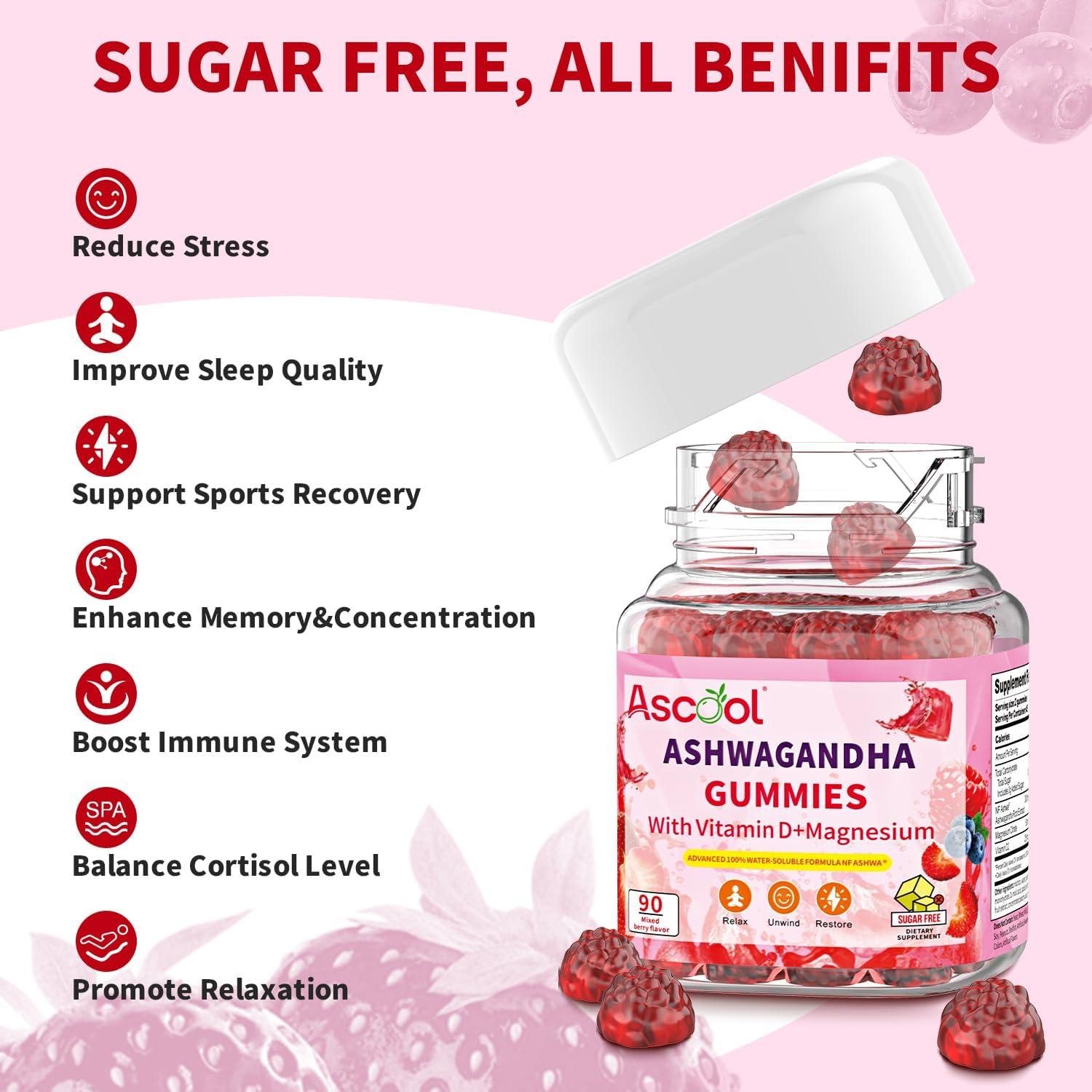 Gomitas de Ashwagandha Ascool 90ct Sin Azúcar con Vitamina D y Magnesio