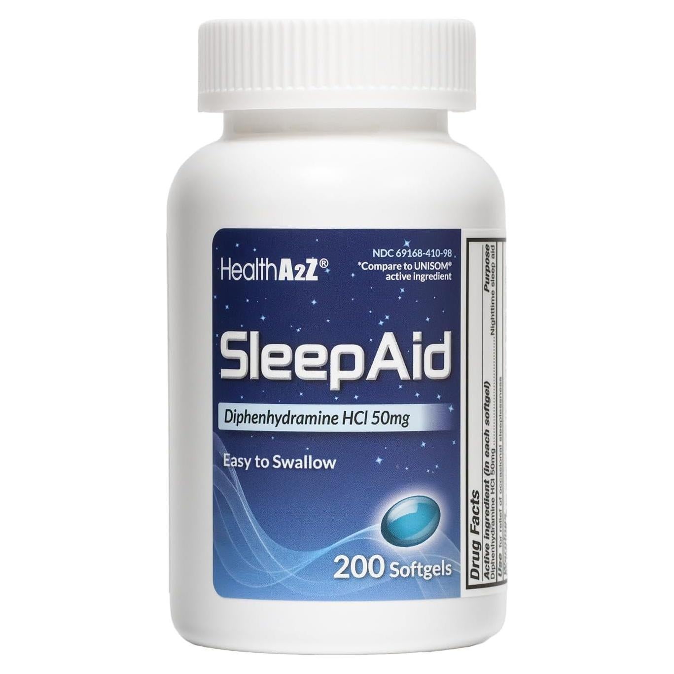 HealthA2Z Sleep Aid 50mg Diphenhidramina 200 Gelatinas Blandas