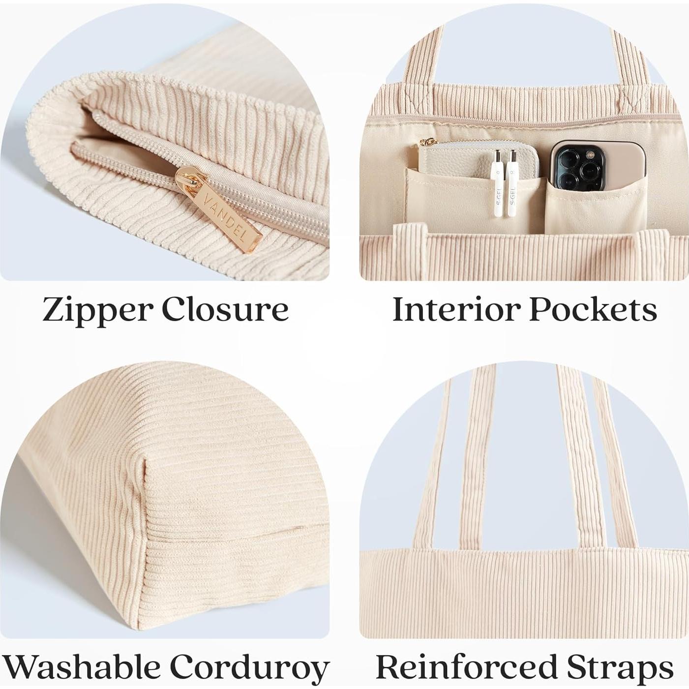 Bolsa Tote Vandel Corduroy con Cremallera y Bolsillos